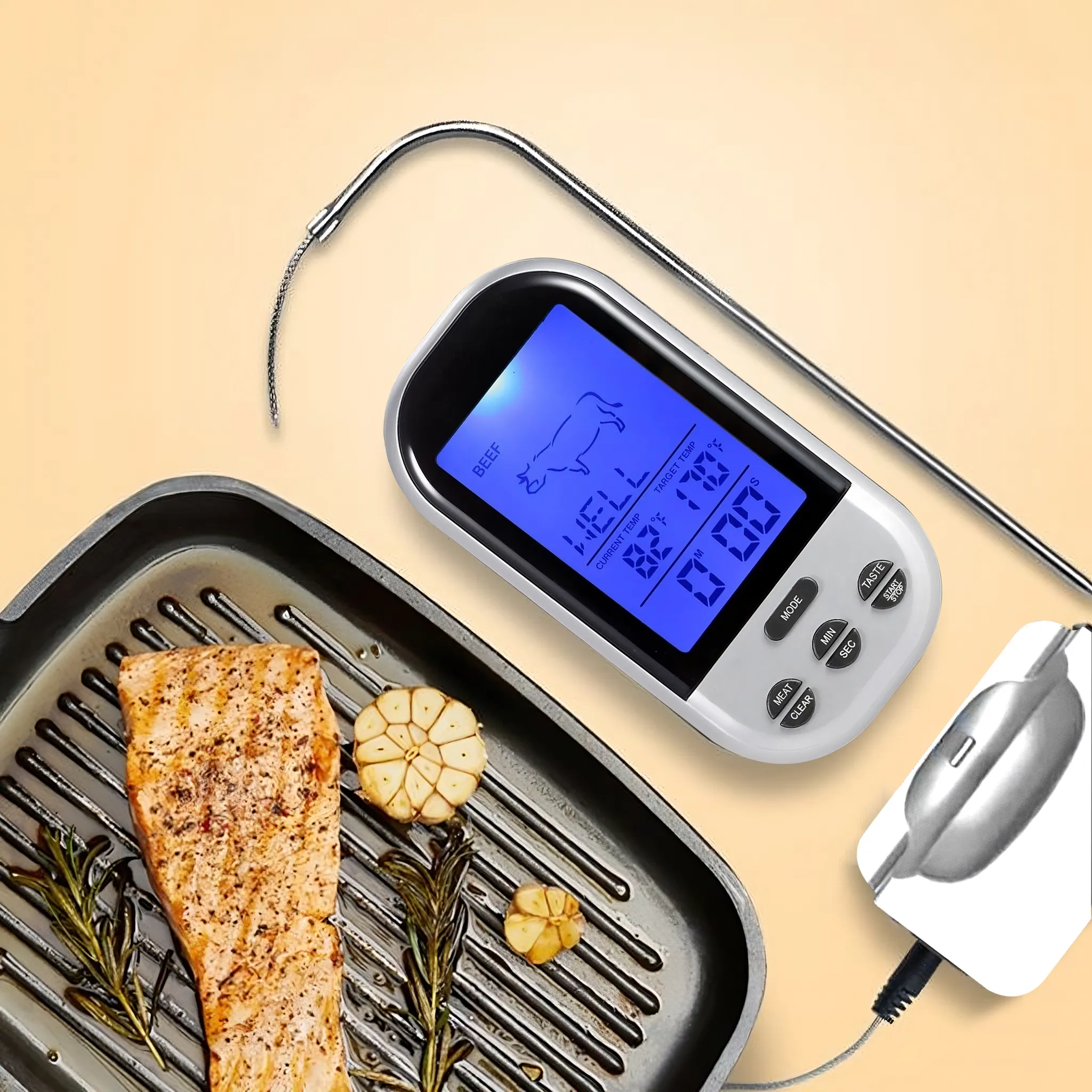 Digitales Fleischthermometer, Sonde und gegrillter Lachs mit Knoblauch und Rosmarin. Braunes und blaues Display.