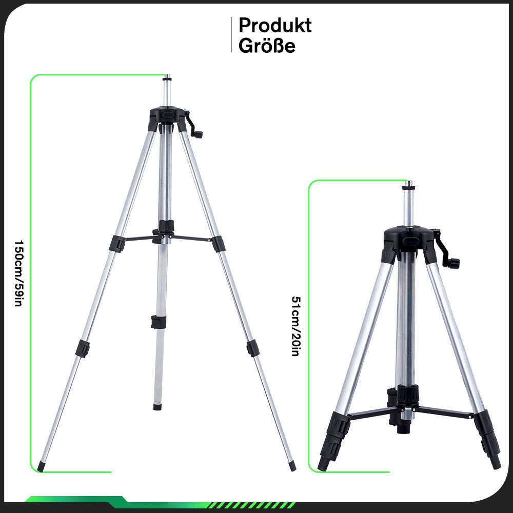 Stative, eines auf 150 cm, das andere 51 cm ausgezogen. Beide silbern mit schwarzen Verstellungen, weißer Hintergrund.