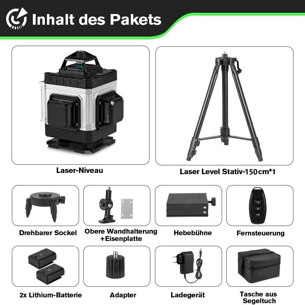 Paketinhalt mit Laser-Niveau, Stativ, Drehfuß und anderem Zubehör. Es gibt auch Batterien.