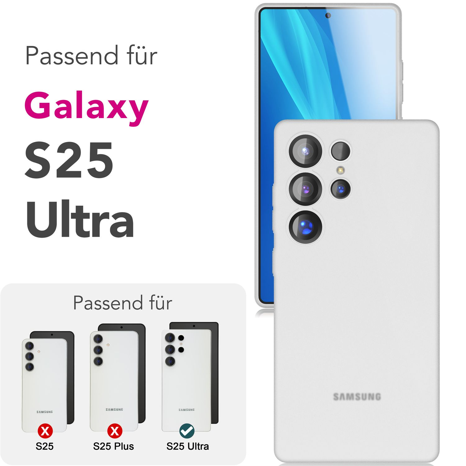 Weiße Handyhülle und Telefon. Text: Galaxy S25 Ultra. Nur kompatibel mit S25 Ultra.