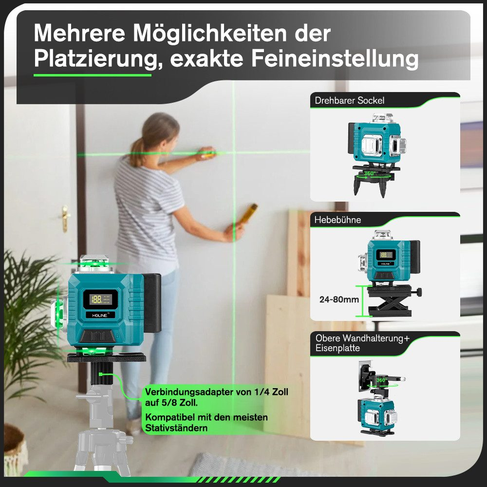 Frau benutzt Laserwaage. Verschiedene Platzierungen gezeigt. Text: Mehrere Platzierungsoptionen, präzise Einstellung.