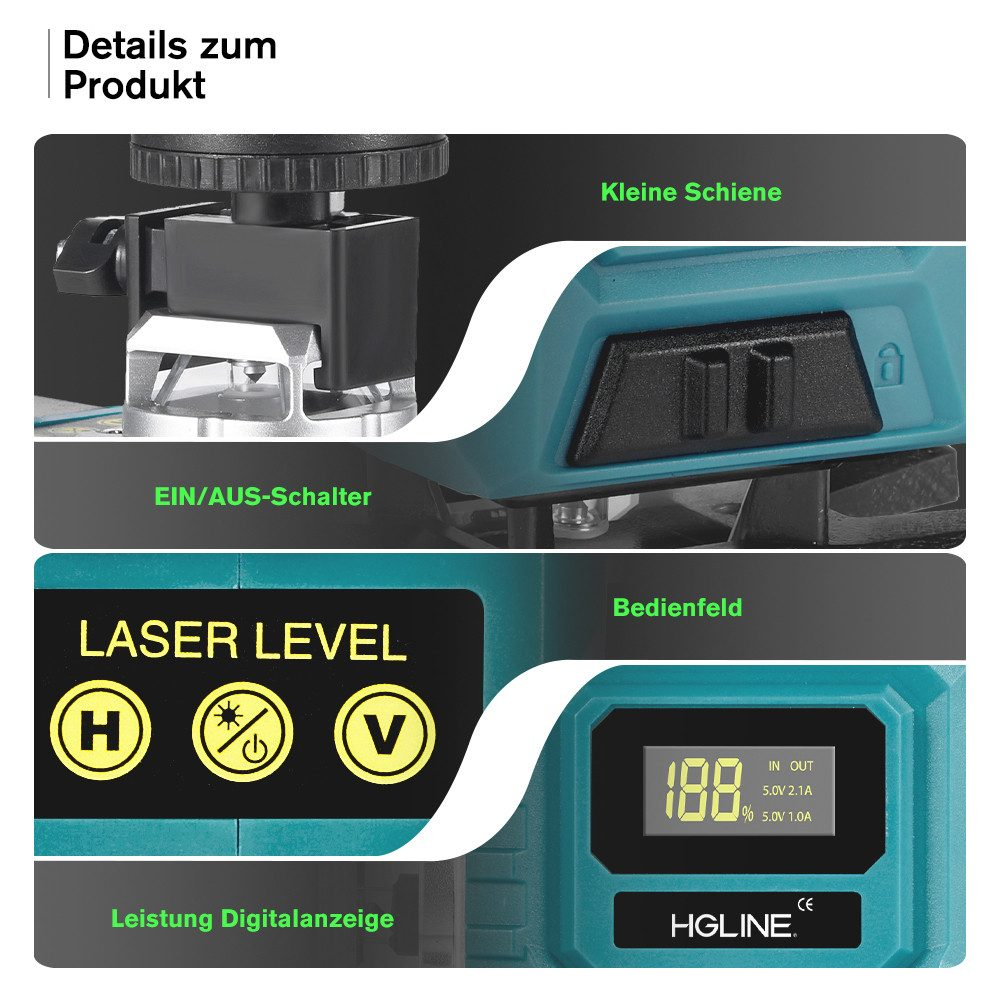 Details eines Laser-Niveaus, das die Leistungsanzeige, das Bedienfeld und den Ein/Aus-Schalter zeigt.