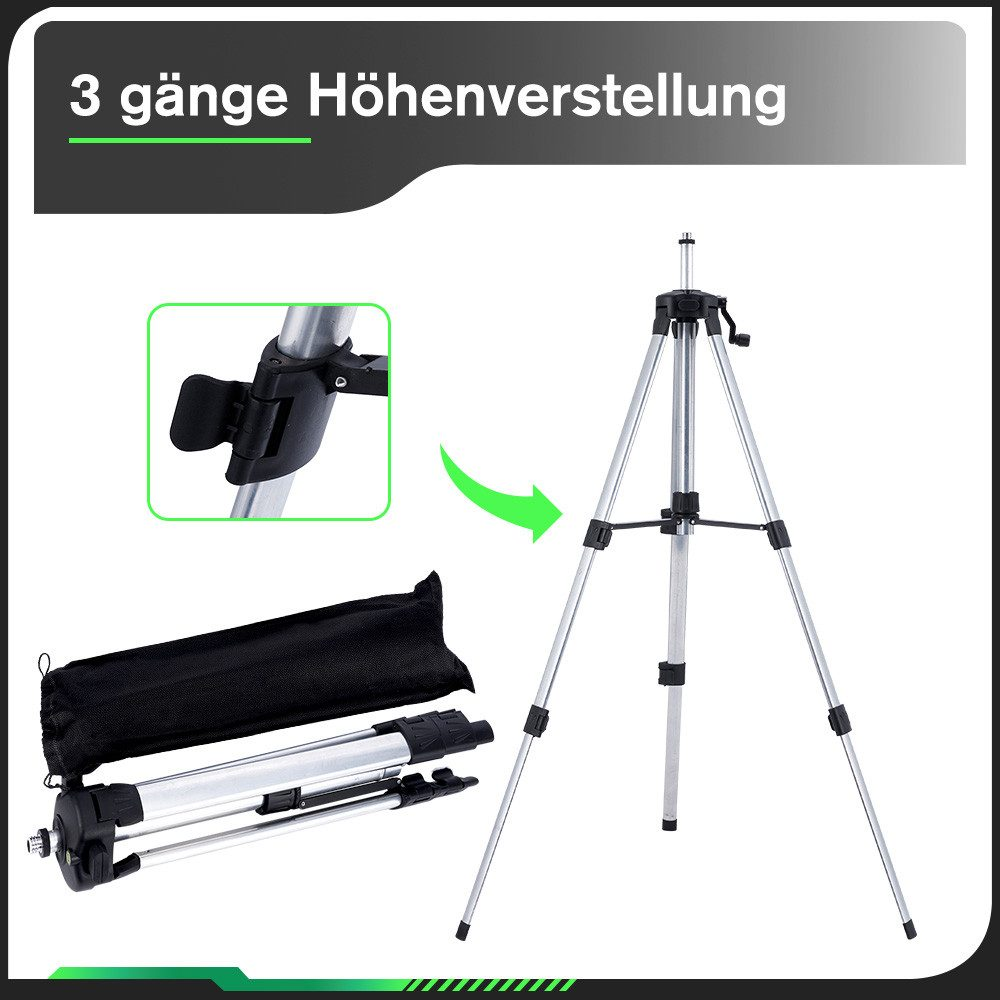 Stativ mit 3 Höhenverstellungen. Ausgeklapptes Stativ, Tragetasche und Einstellungsdetail gezeigt.