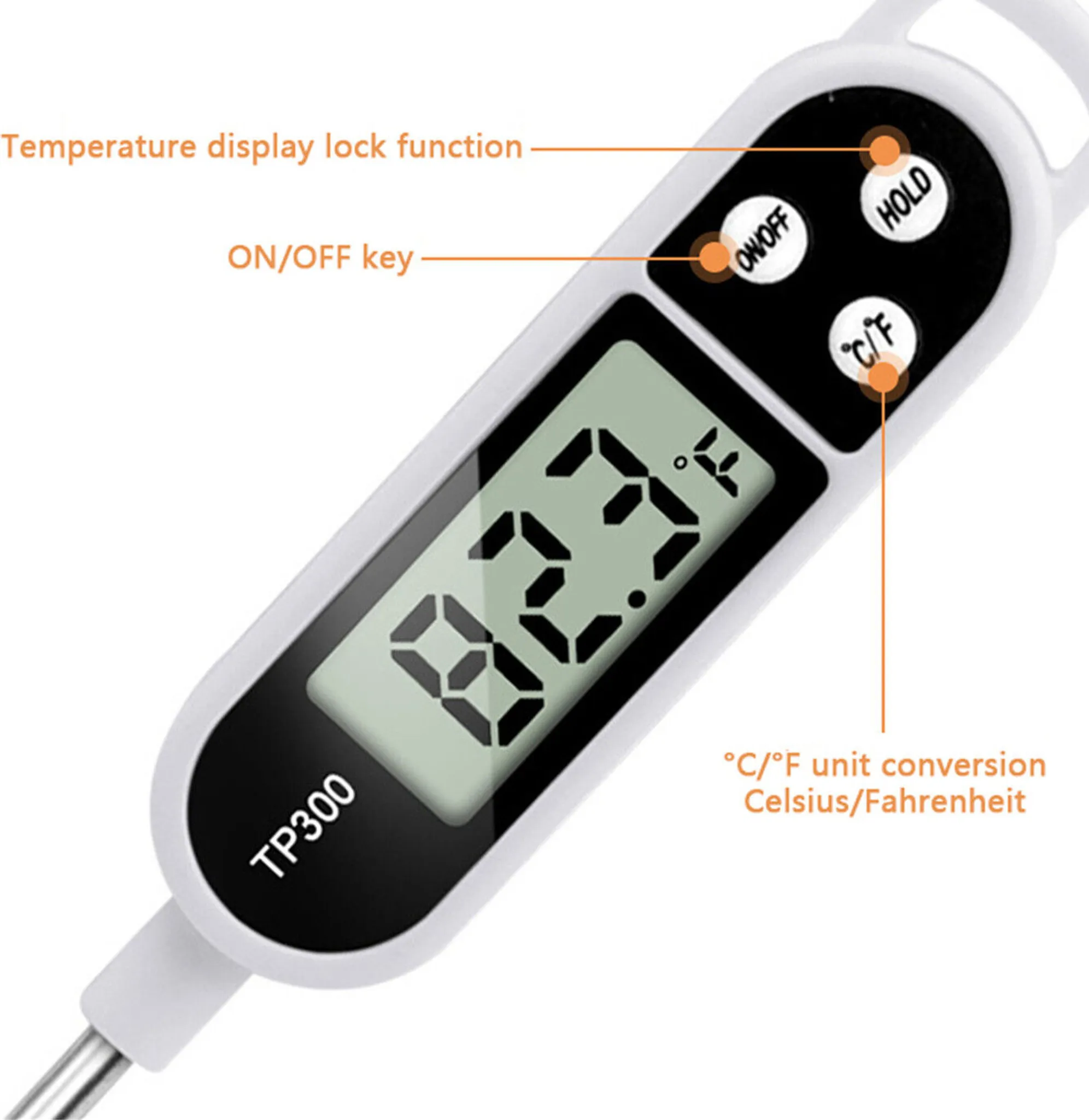 Nahaufnahme eines weißen digitalen Lebensmitteltemperaturmessgeräts mit Display, Knöpfen und Temperaturanzeige.