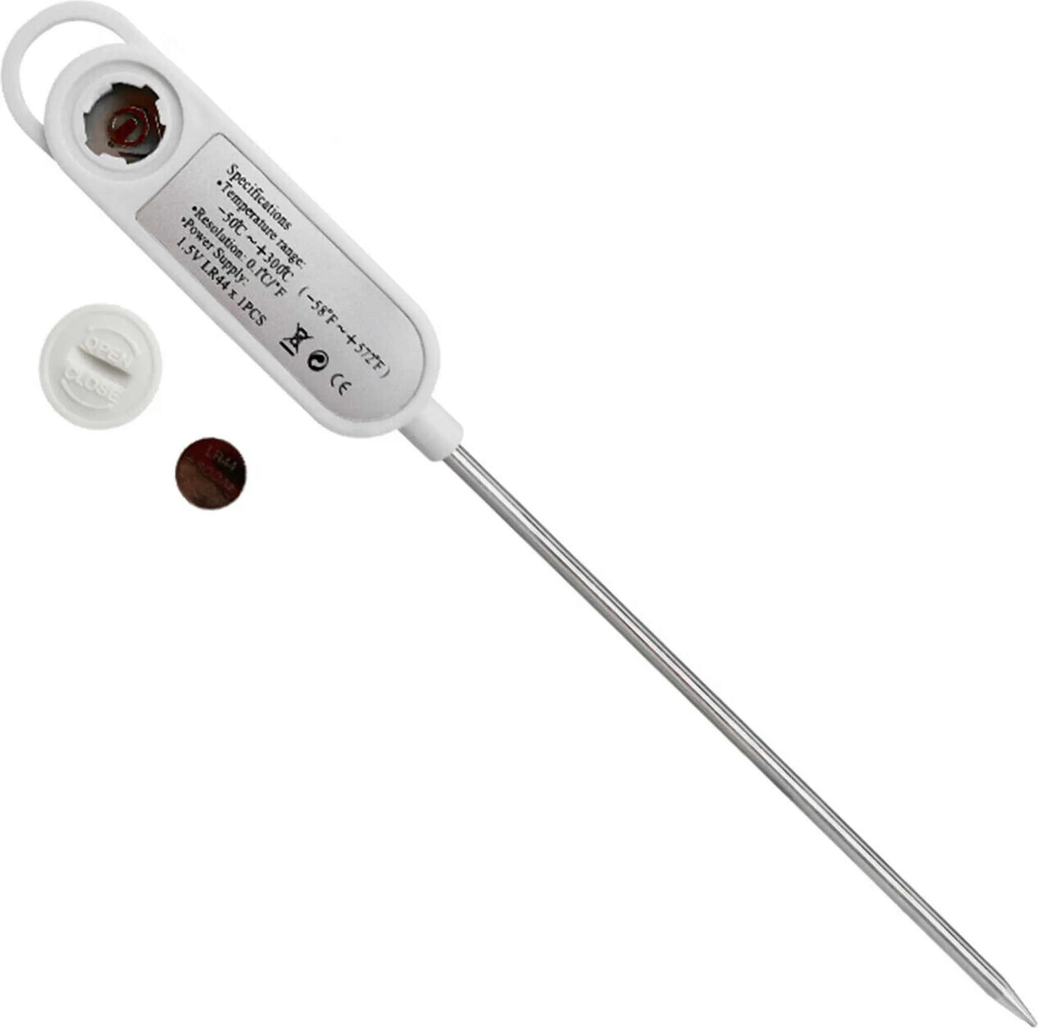 Weißes Lebensmittelt hermometer mit Spezifikationen, Batterie und Deckel.