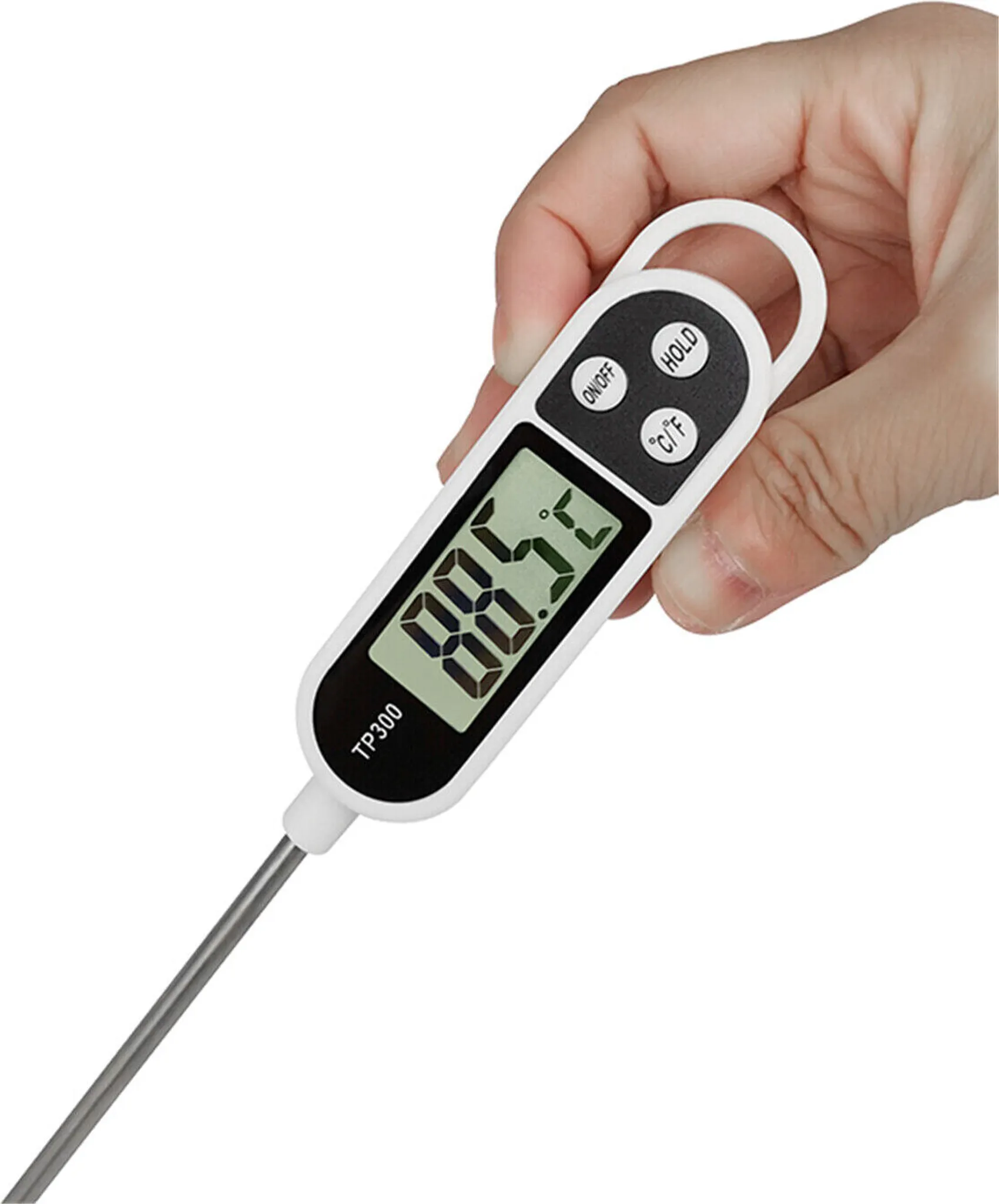 Eine Hand, die ein digitales Lebensmitteltemperaturmessgerät mit Temperaturanzeige hält.