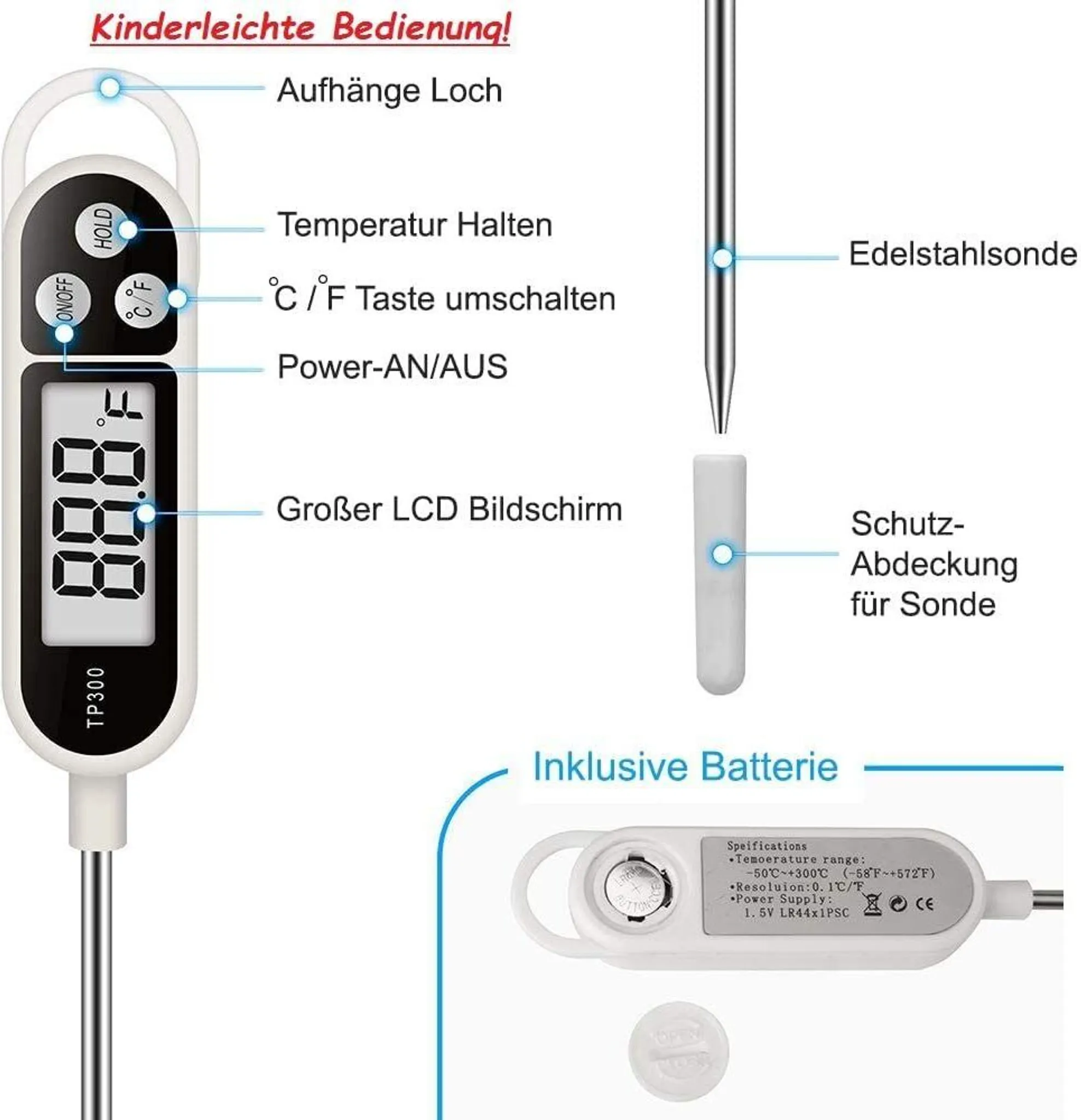 Nahaufnahme eines Digitalthermometers mit deutschen Beschriftungen, mit Batterie.