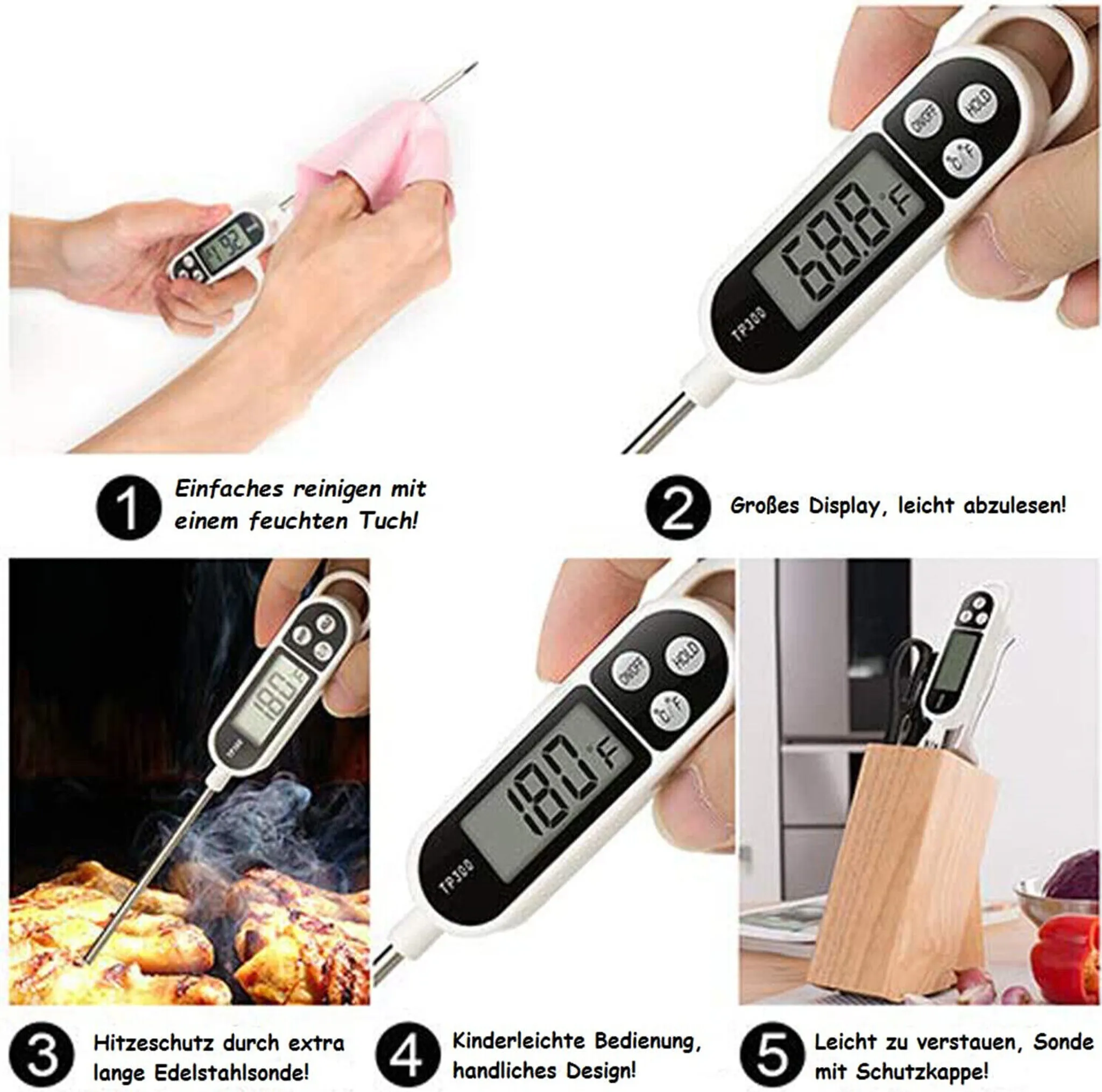 Ein digitales Thermometer in Gebrauch und Anzeige. Enthält Reinigungs-, Anzeige- und Verwendungsansichten.