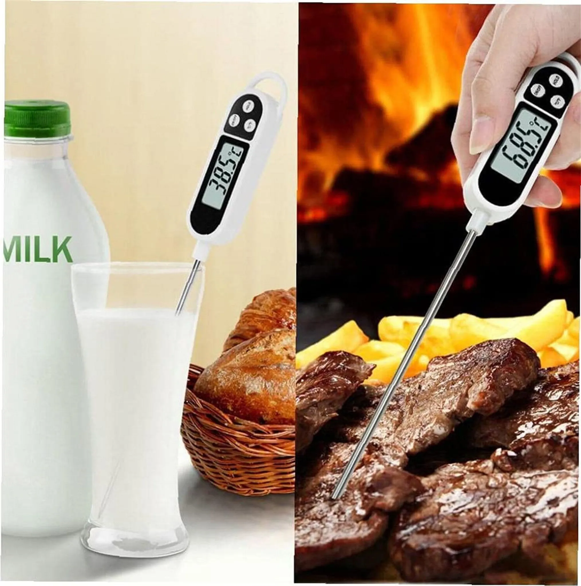 Zwei Fotos, die ein digitales Thermometer zeigen, das die Milch- und Steaktemperaturen misst.