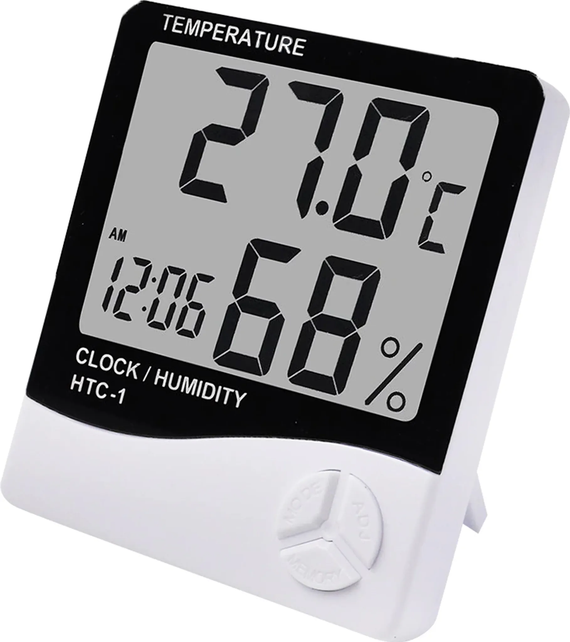 Weißes digitales Thermometer zeigt Temperatur, Luftfeuchtigkeit und Uhrzeit auf grauem Bildschirm.