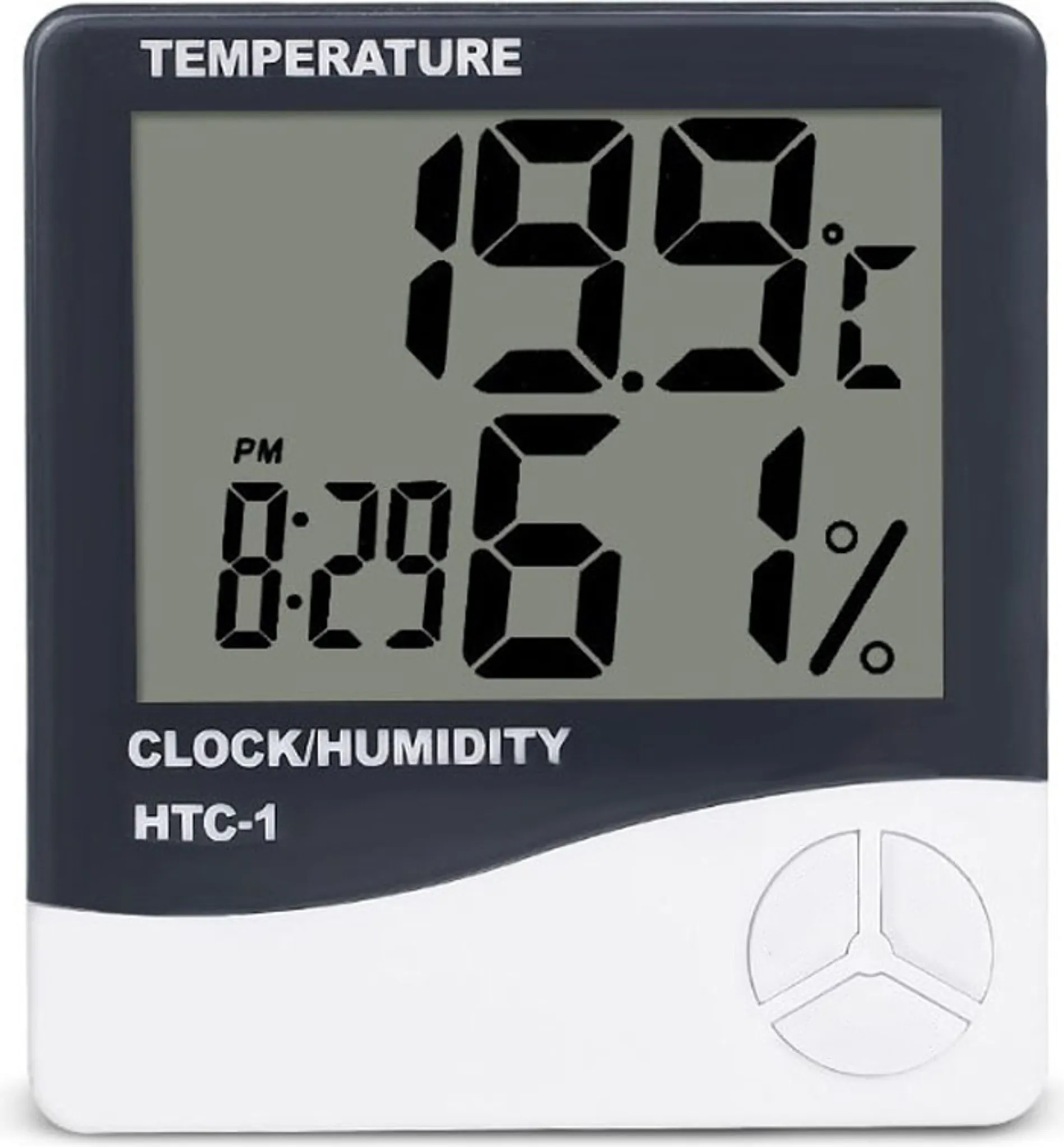 Weißes und schwarzes digitales Thermometer, das Zeit, Temperatur und Luftfeuchtigkeit anzeigt.