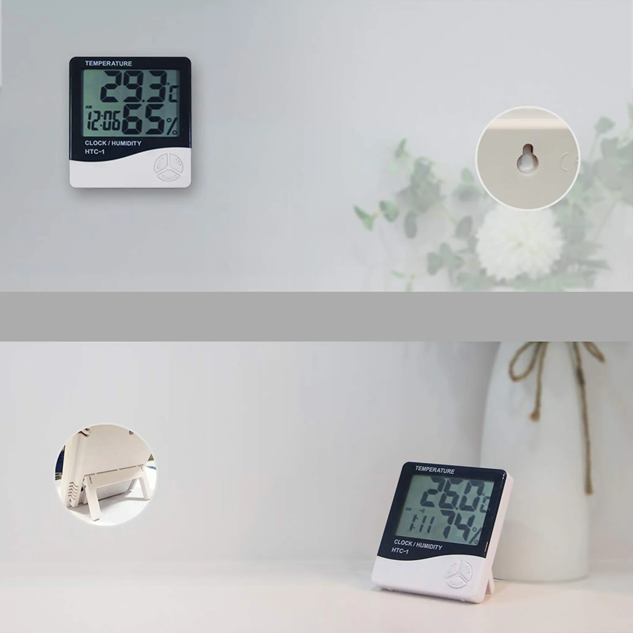 Zwei weiße Digitaluhren, die Temperatur und Luftfeuchtigkeit anzeigen, an einer weißen Wand montiert.