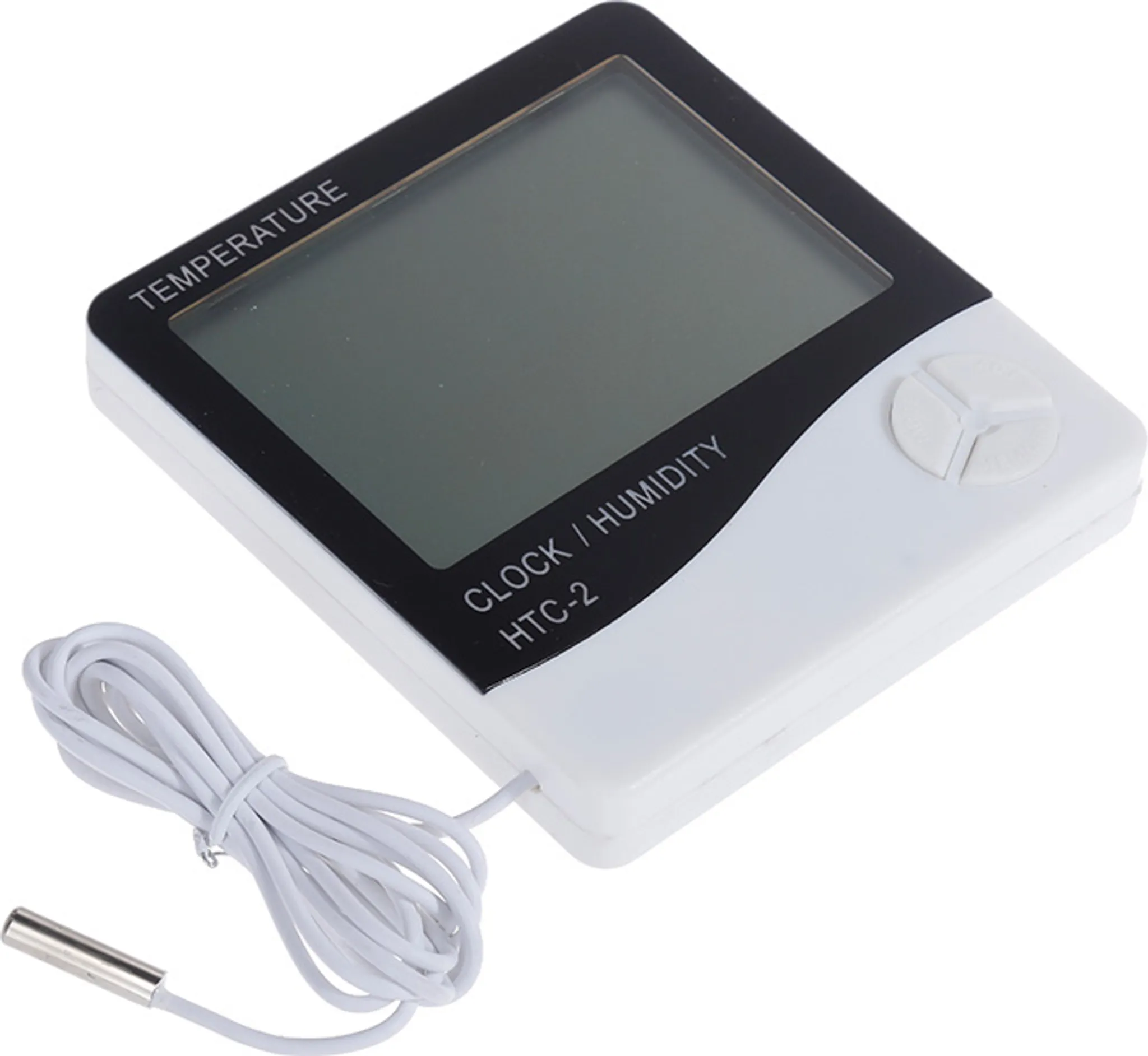 Weißes digitales Thermometer mit Draht und Sensor, auf weißem Hintergrund.
