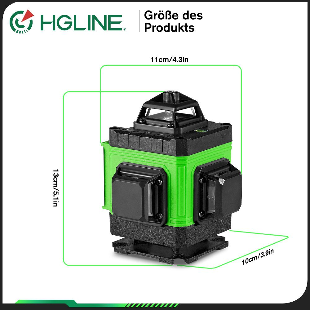 Grünes und schwarzes Laser-Niveau mit Abmessungen und Produktinformationen.