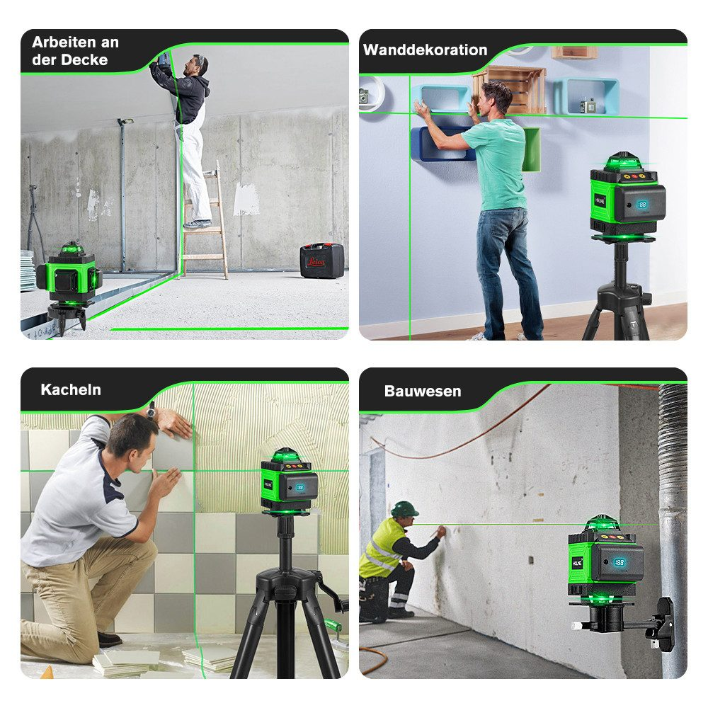 Vier Bilder zeigen den Einsatz von Laserwasserwaagen: Decke, Wand, Fliesen und Bau. Grüne Laserlinien sind sichtbar.