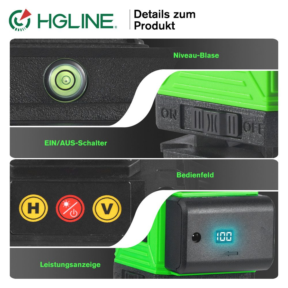 Nahaufnahme eines grünen und schwarzen Laser-Niveaus, das sein Bedienfeld hervorhebt.