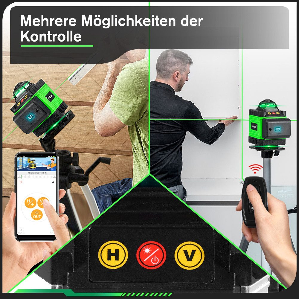 Laser-Niveau im Einsatz, mit Steuerung über Smartphone und Fernbedienung, mit Overlay.