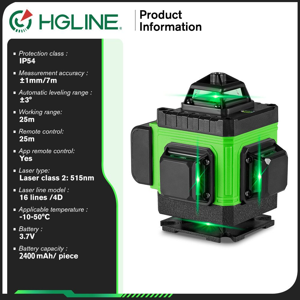 Grünes und schwarzes Laser-Niveau mit Produktinformationen und Spezifikationen.