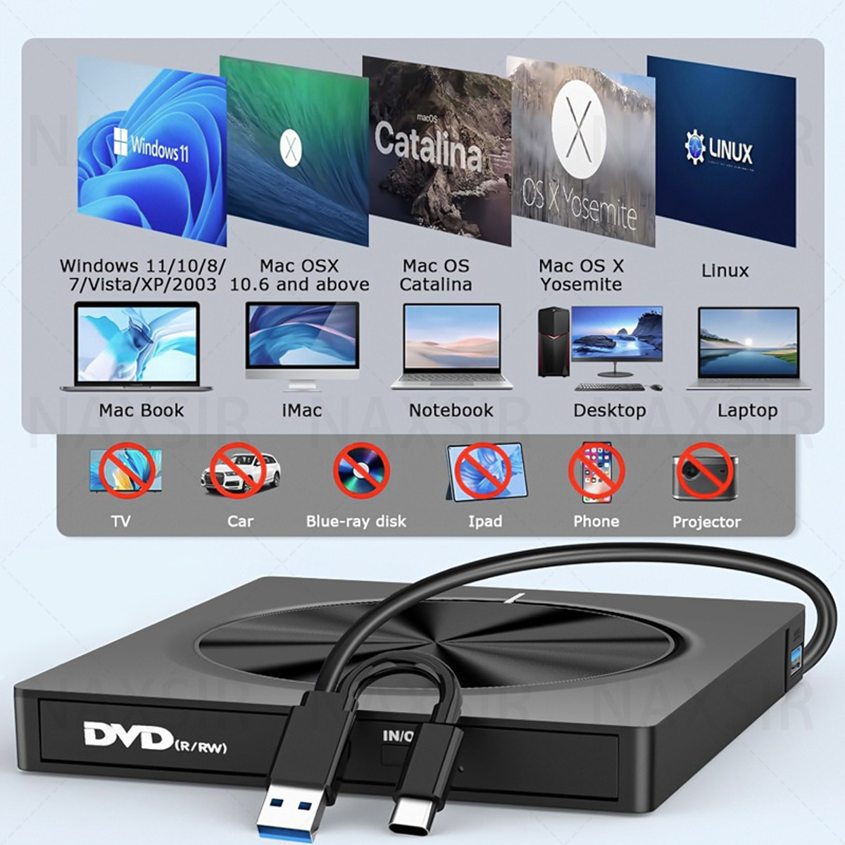 Ein schwarzes externes DVD/RW-Laufwerk, das an einen Laptop angeschlossen ist. Es zeigt Kompatibilität.
