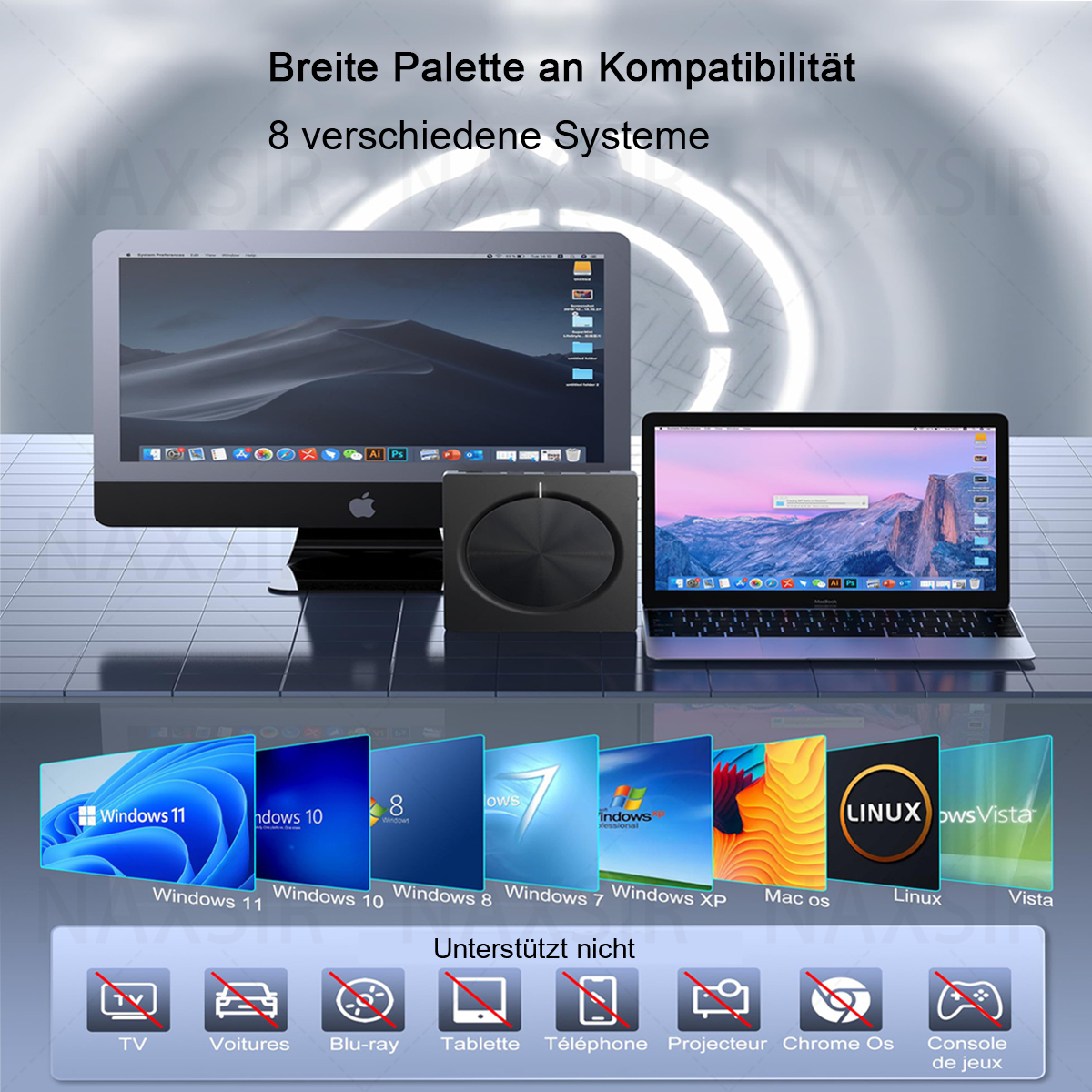Computerbildschirm mit 8 verschiedenen Symbolen. Windows, Mac, Linux und andere Betriebssysteme.