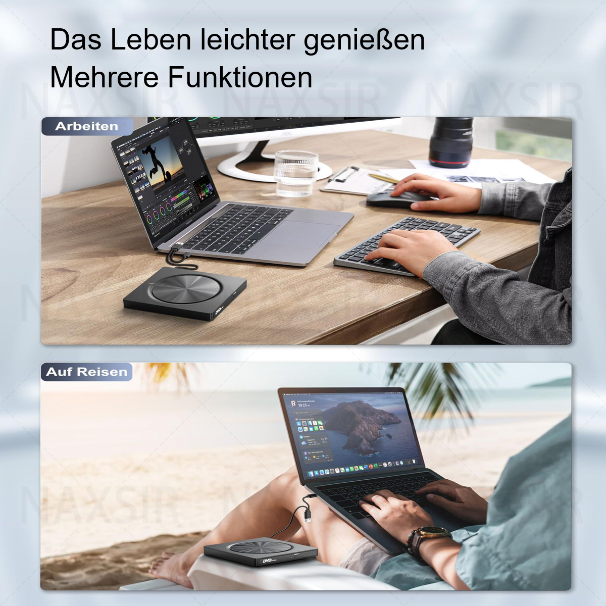 Zwei Bilder. Eines zeigt eine Person bei der Arbeit, eines zeigt eine Person auf Reisen, beide mit Laptop.
