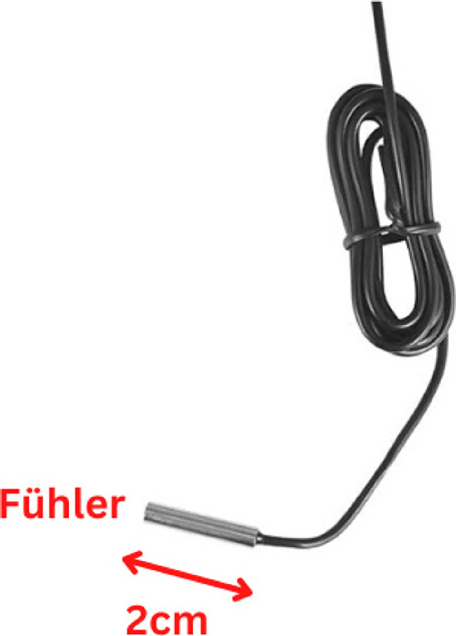 Ein kleiner Temperatursensor mit einer 2 cm langen Metallspitze, befestigt an einem schwarzen Draht.