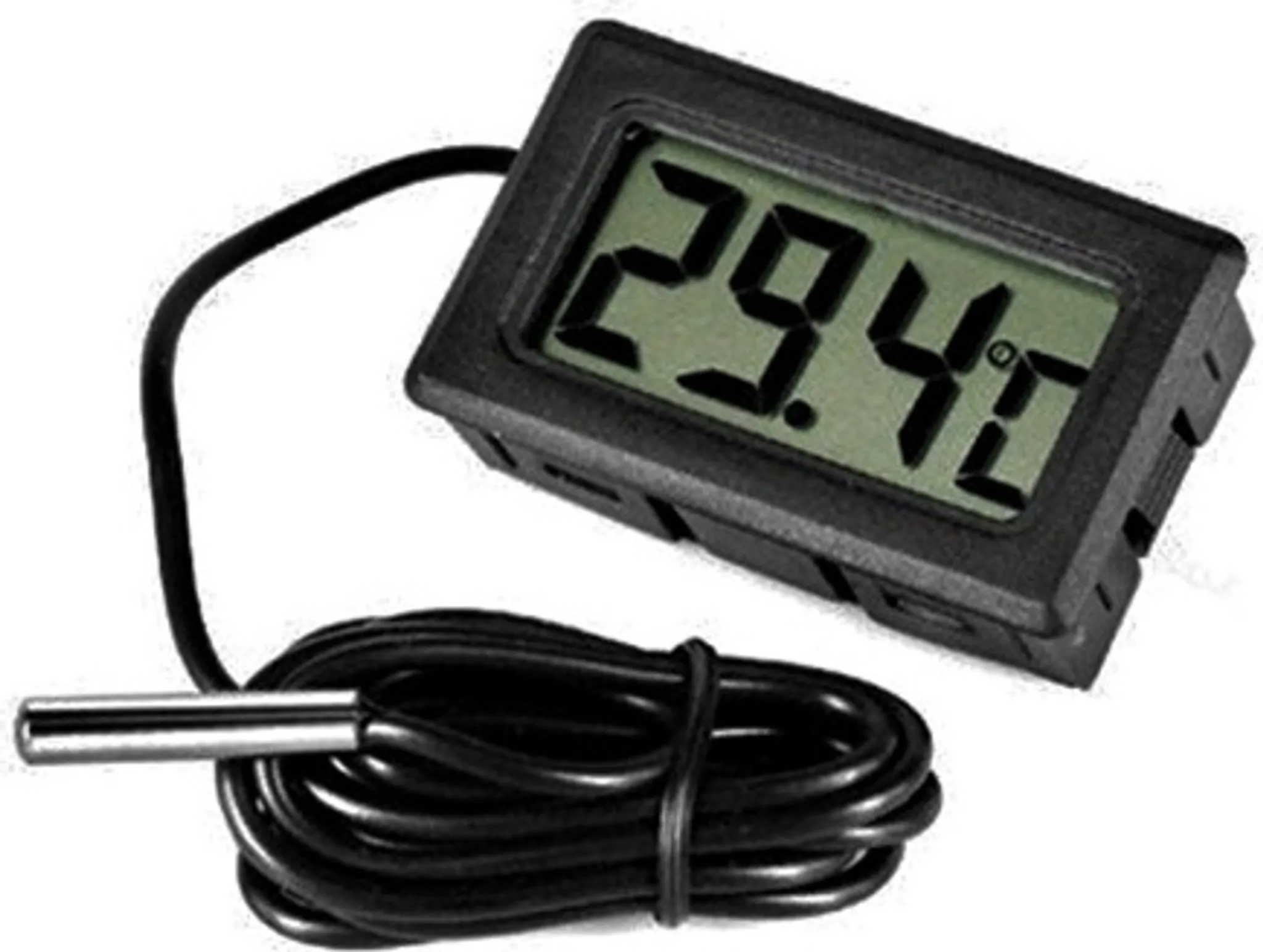 Schwarzes Digitalthermometer mit 29,4 °C. Eine Sonde und ein Draht gehen vom Gerät aus.