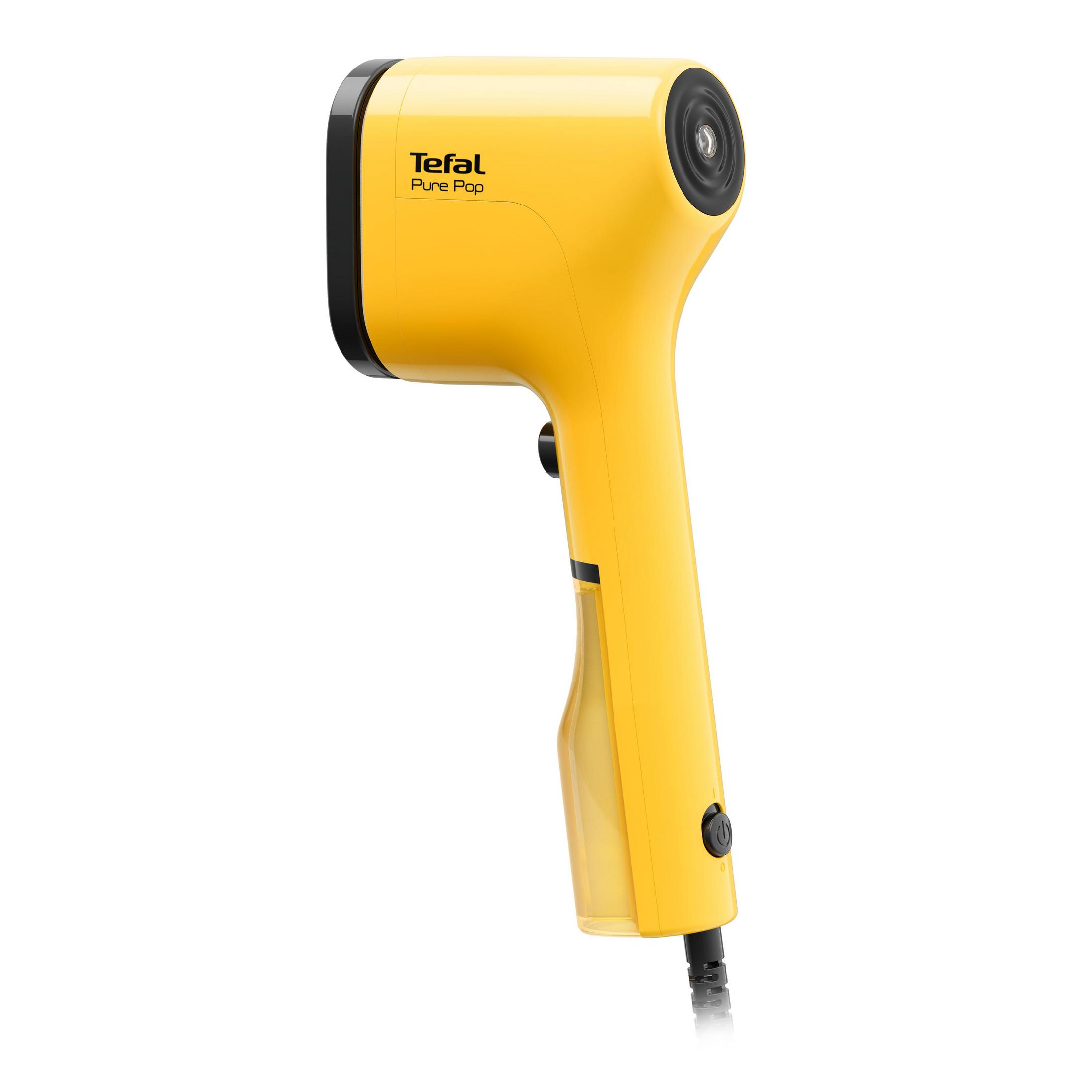 Vaporizzatore per indumenti Tefal Pure Pop giallo con cavo di alimentazione, su sfondo bianco.