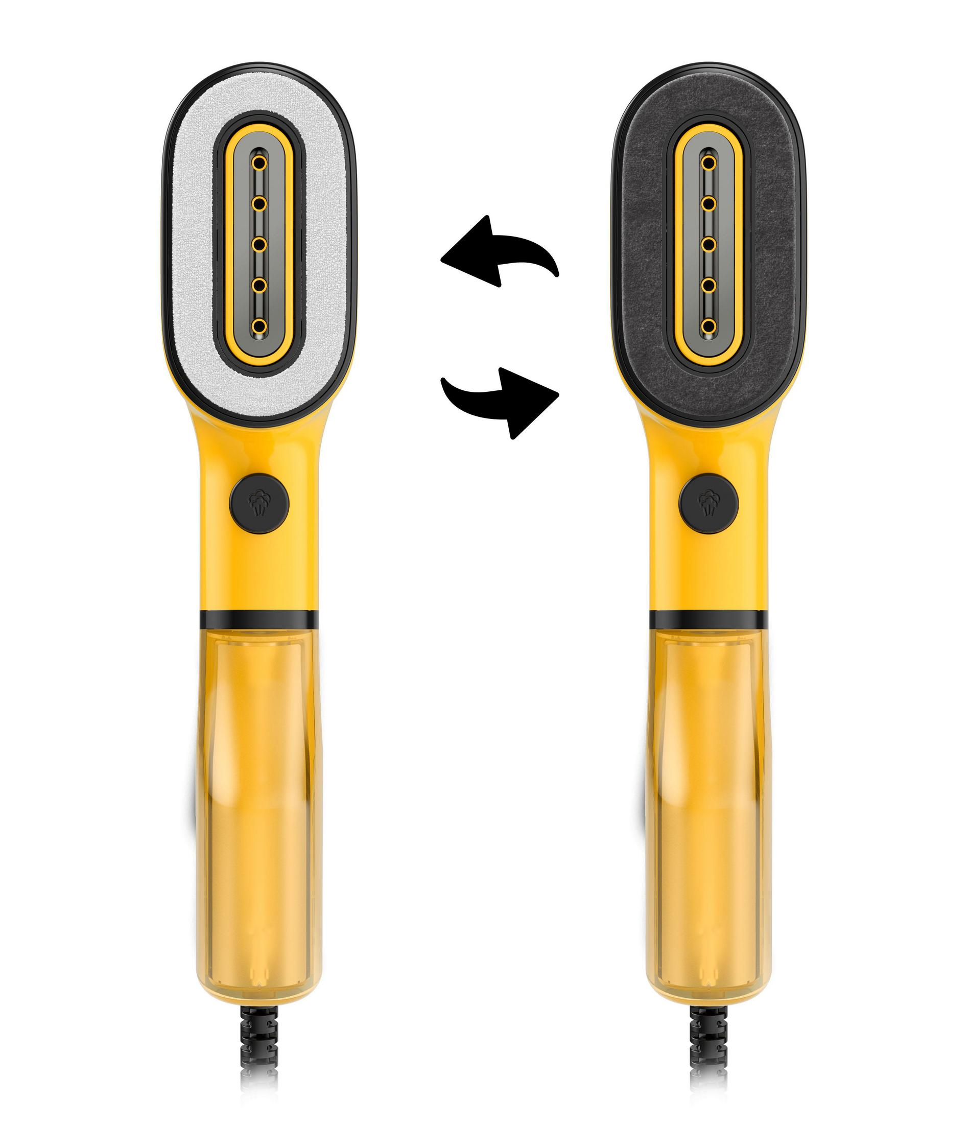 Uno steamer per indumenti giallo con testina intercambiabile è mostrato. La testina può essere cambiata.