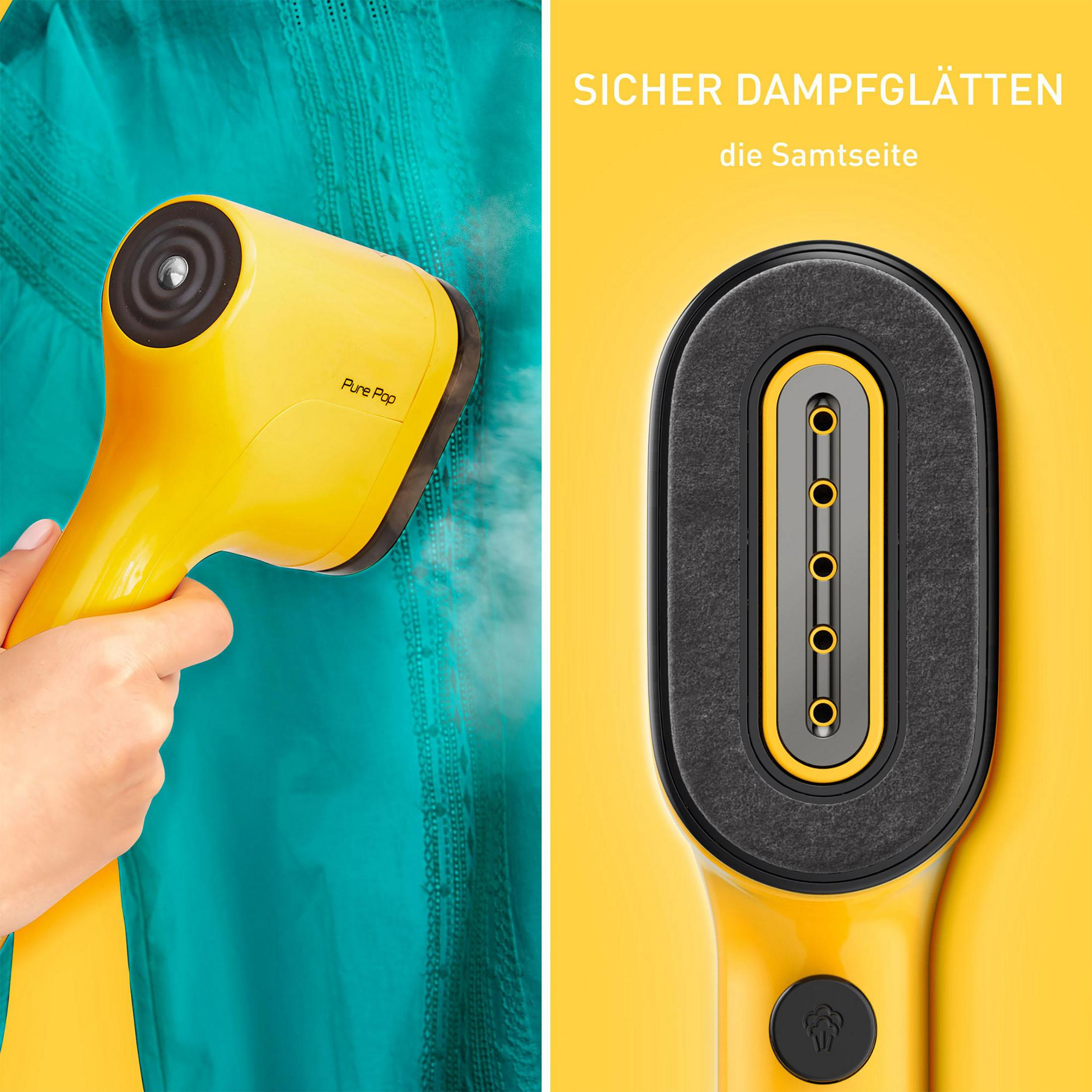 Vaporizzatore per abiti giallo con vapore e cuscinetto rimovibile. Sfondo giallo.