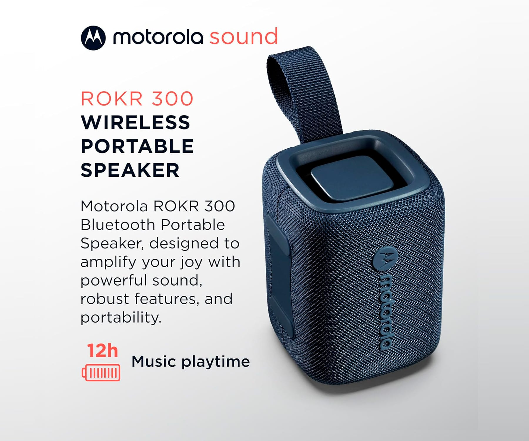 Niebieski bezprzewodowy głośnik przenośny Motorola ROKR 300 z tekstem. Głośnik ma uchwyt.