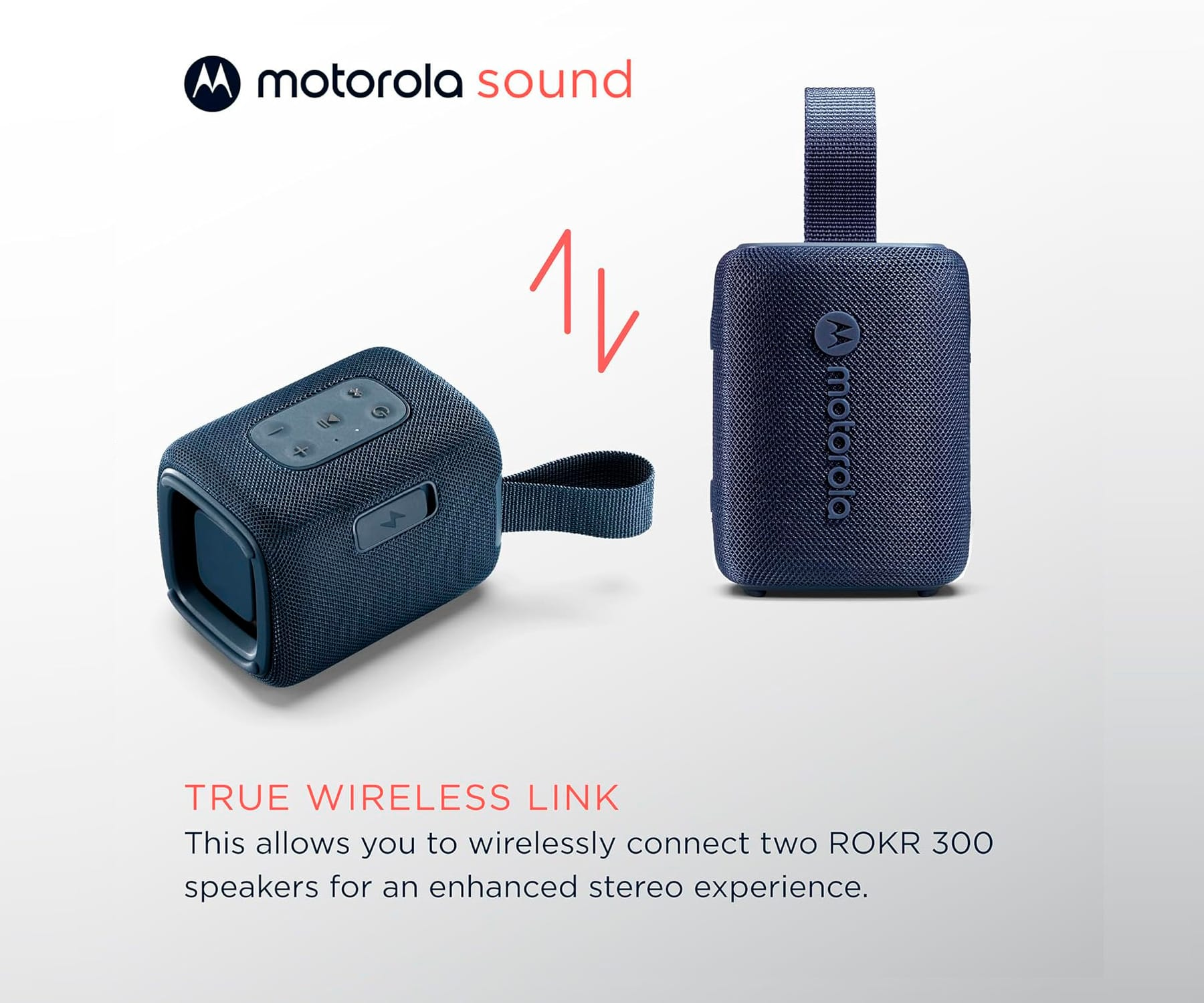 Dwa niebieskie głośniki Motorola ROKR 300 z nakładką tekstową. Strzałki wskazują połączenie bezprzewodowe.