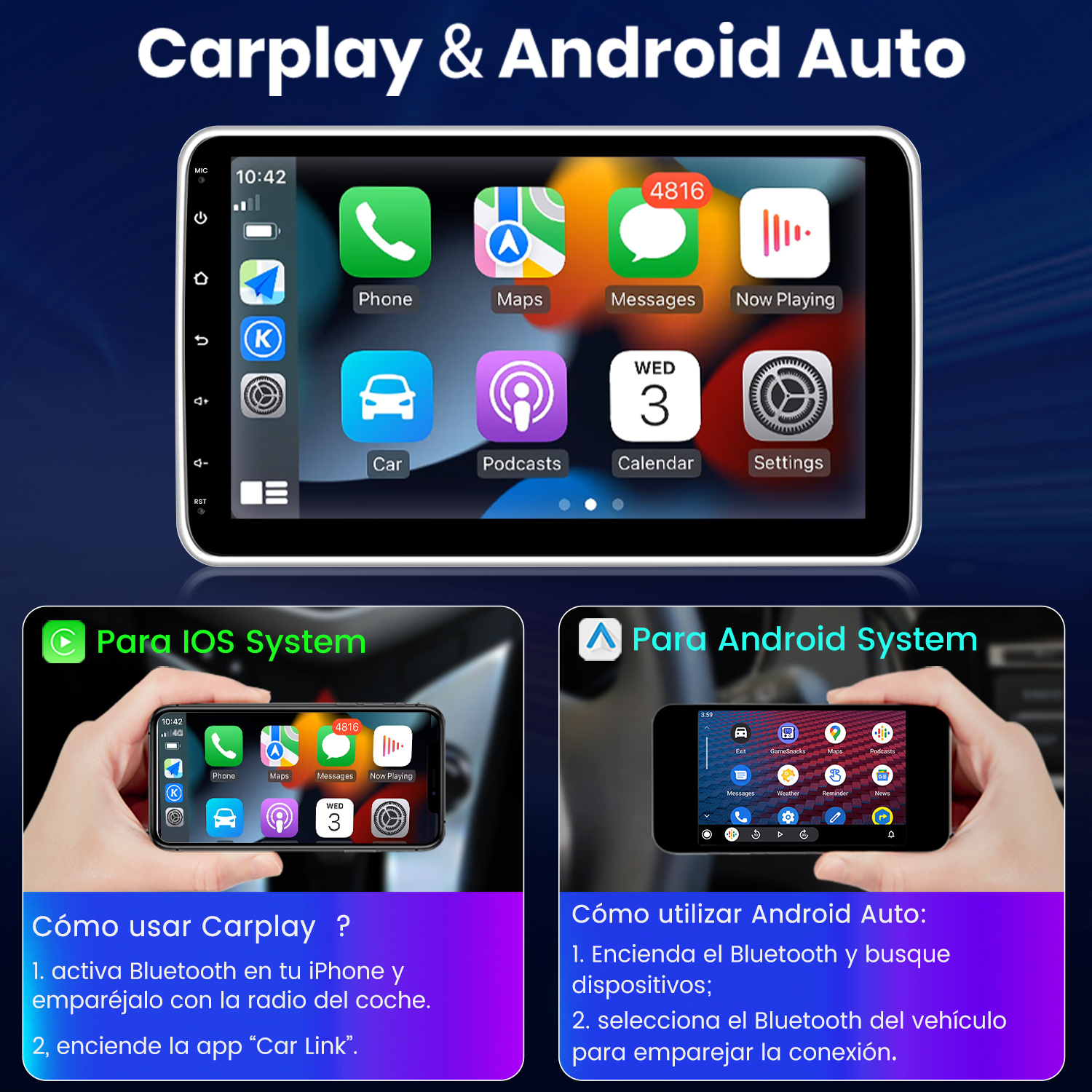 Pantalla smartphone mostrando interfaces Apple CarPlay y Android Auto con iconos y texto.