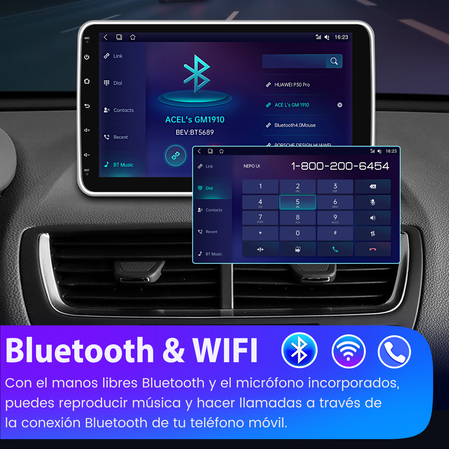Una pantalla de estéreo de coche con detalles de Bluetooth y WiFi. También hay una interfaz de marcador telefónico.