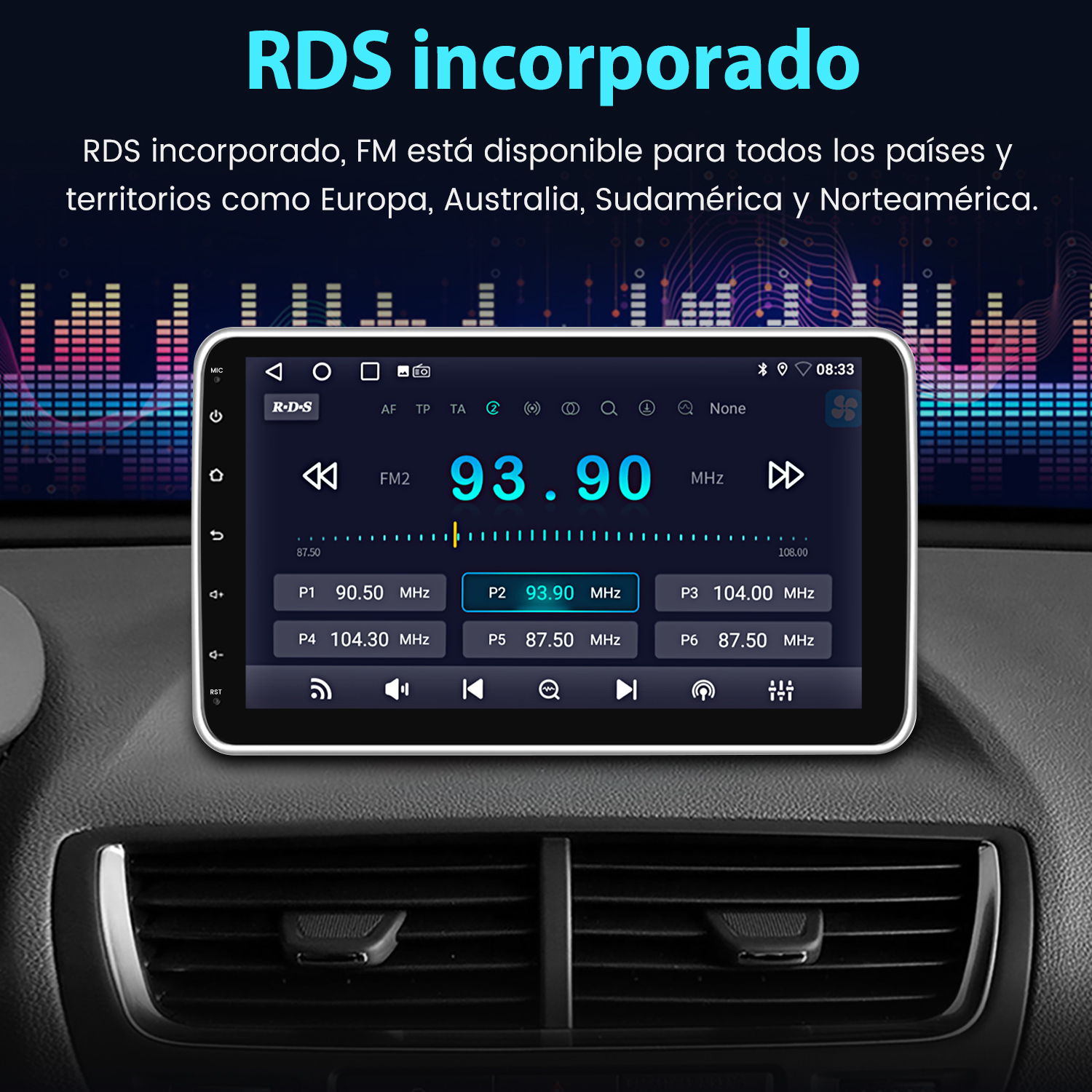 Pantalla de tableta mostrando la interfaz de radio. Salpicadero de un coche. Fondo negro.