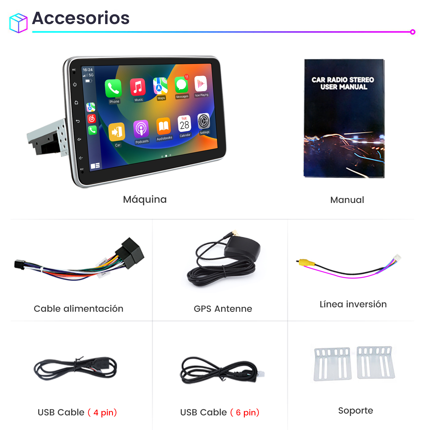 Accesorios de estéreo de coche que incluyen una pantalla, manual, cables, antena y soportes de montaje.
