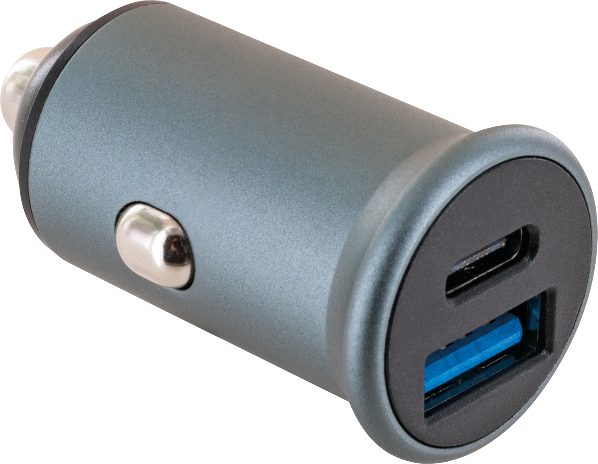 Graues Autoladegerät mit USB- und USB-C-Anschlüssen.