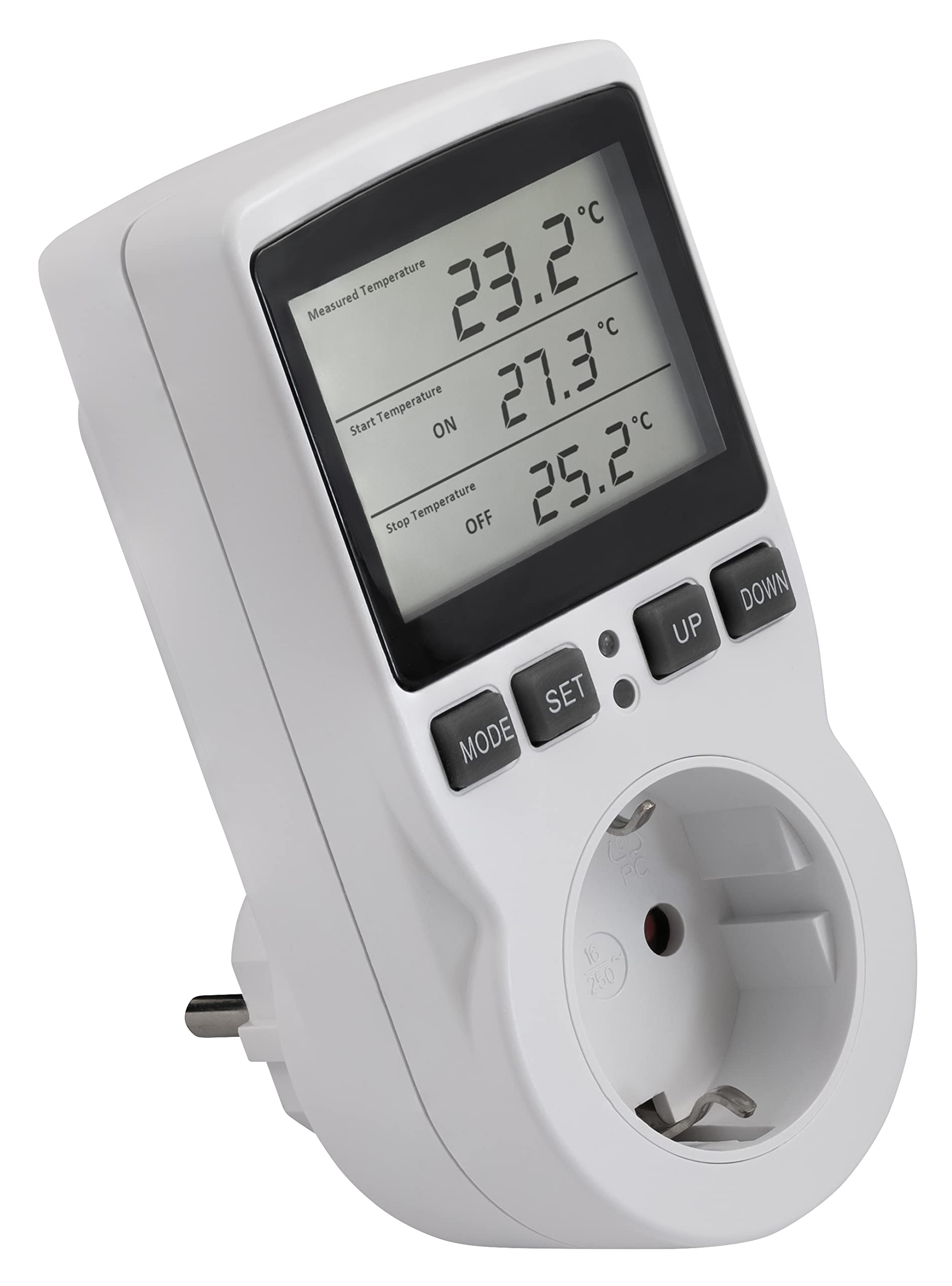 Weißes Leistungsmessgerät mit LCD-Bildschirm, Temperaturanzeige und Knöpfen.