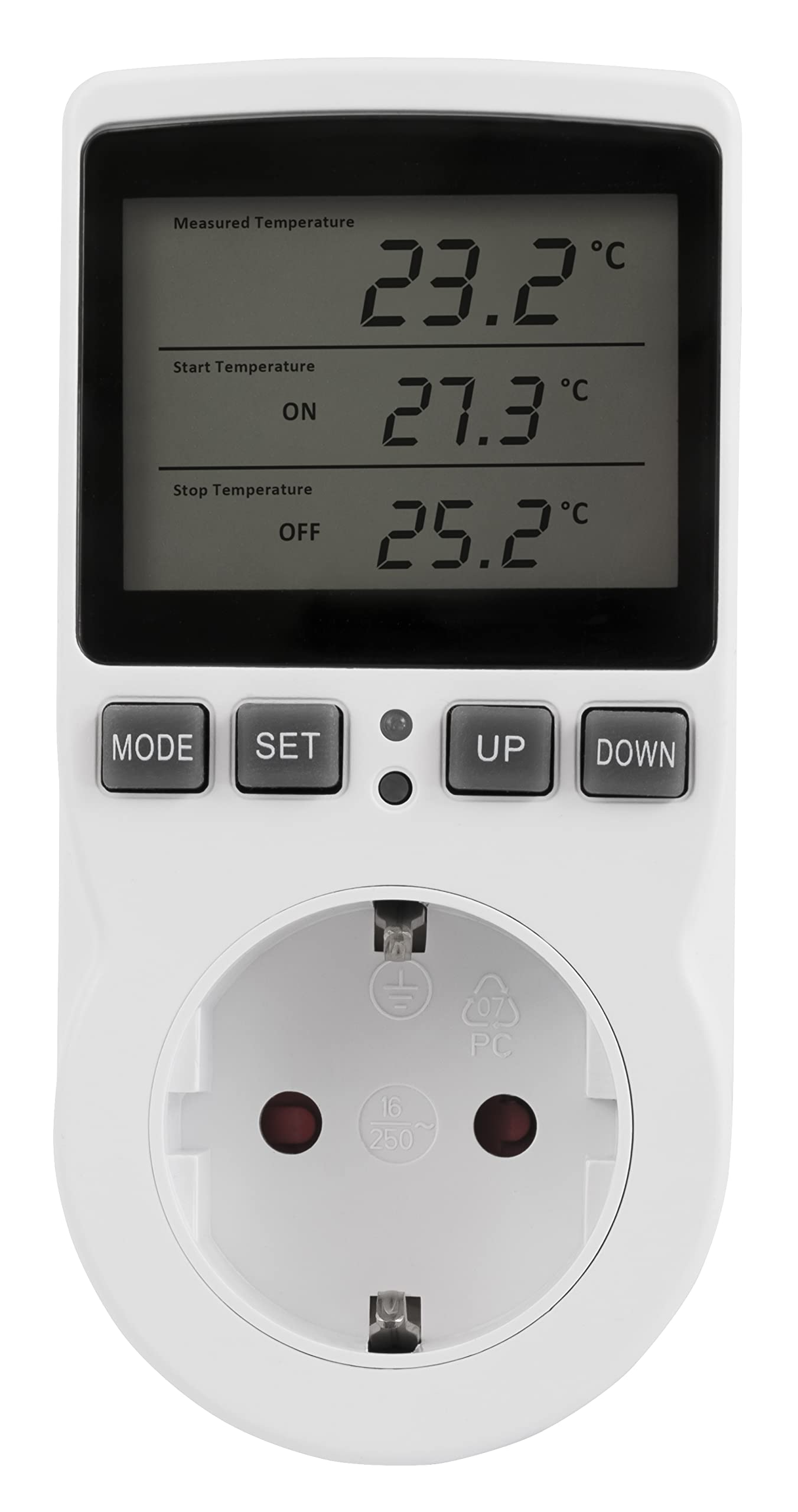 Weißes Strommessgerät mit LCD-Bildschirm, Knöpfen und Stecker, Temperaturmessung.