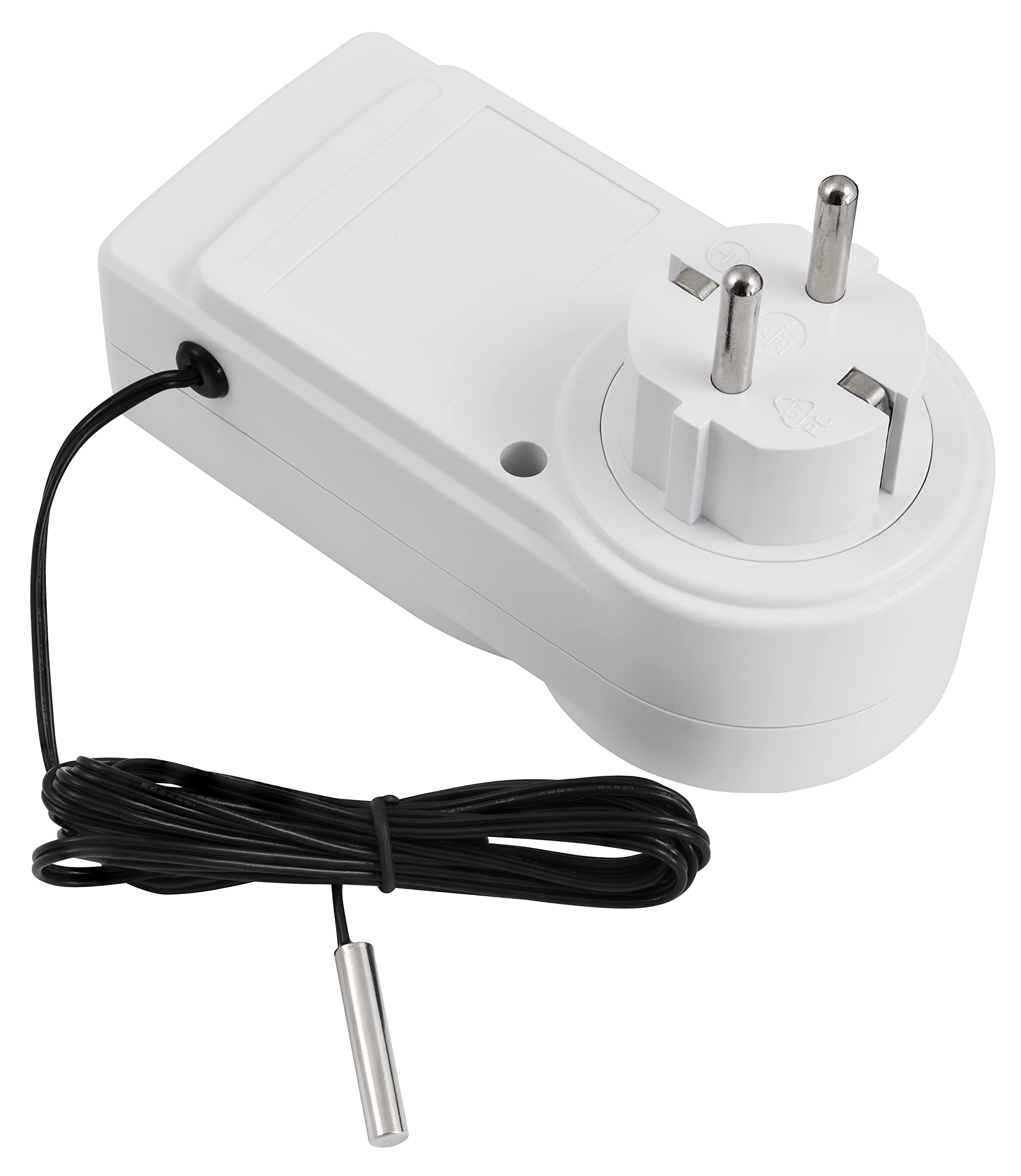 Weißes Thermostat mit Stecker und schwarzem Kabel mit Sensor. Isoliert auf weißem Hintergrund.