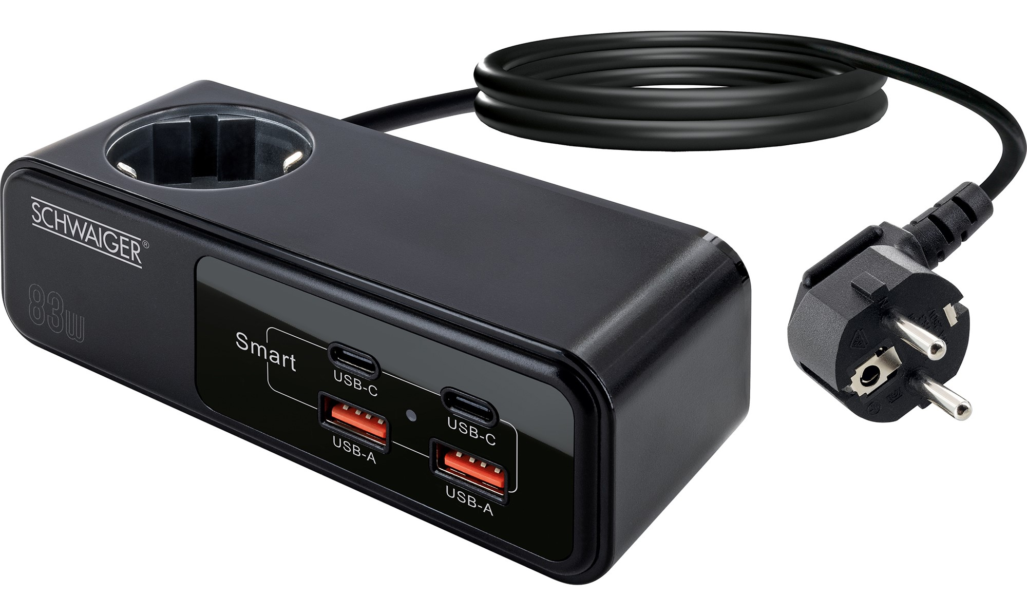 Schwarzer Stromblock mit mehreren USB-Anschlüssen und einer Steckdose.