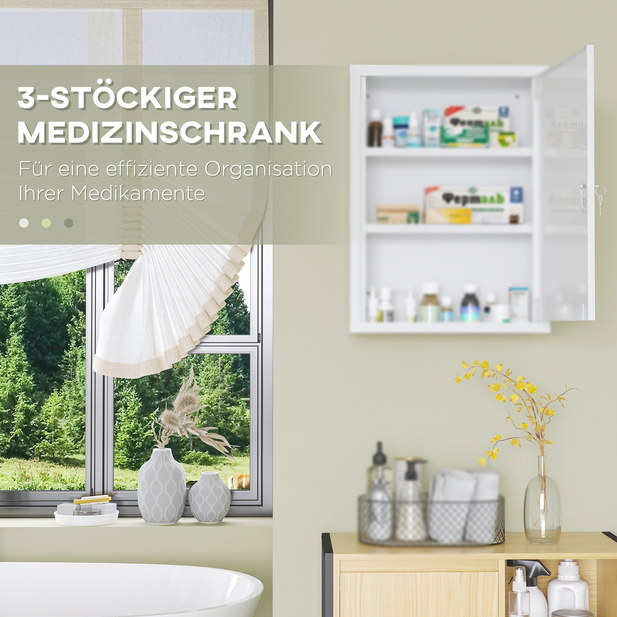 Medizinschränkchen in einem Raum. Offene Tür mit Vorräten, Fenster mit Bäumen und Tisch mit Dekoration.