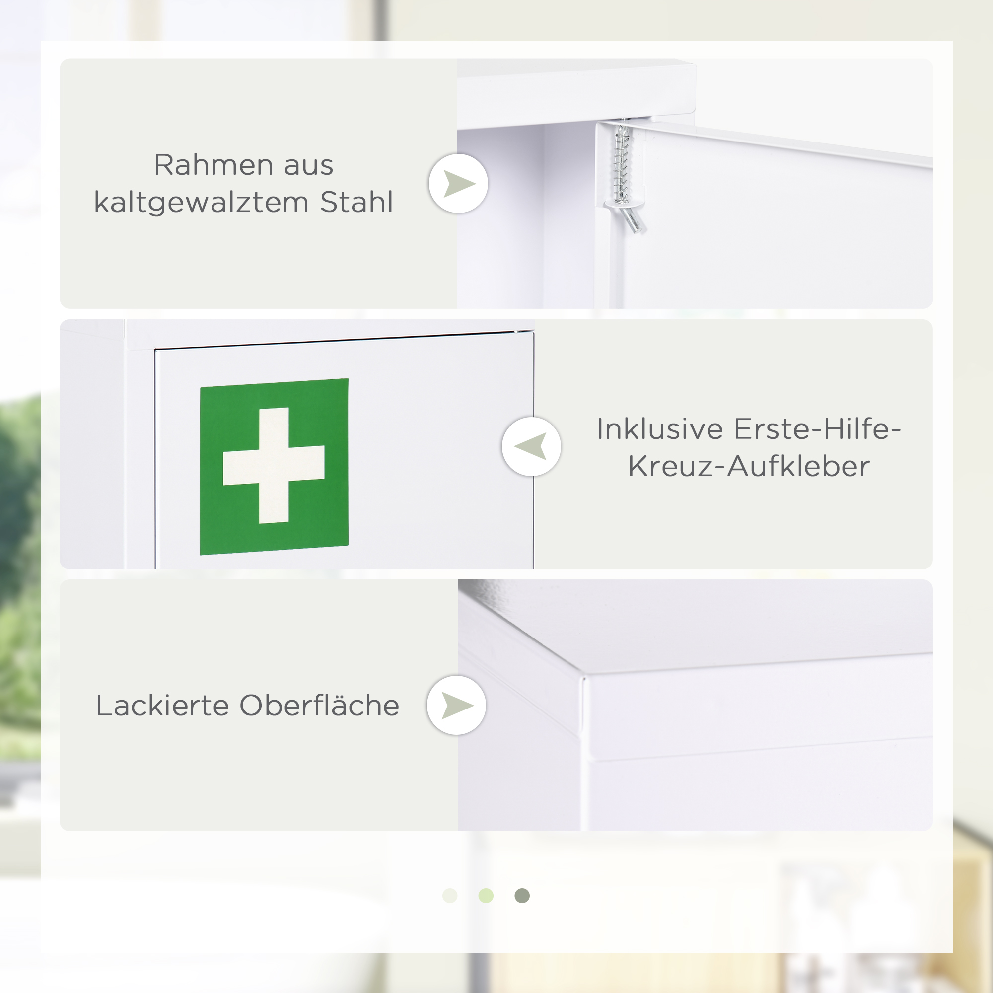 Nahaufnahme der weißen Medizinschranks. Zeigt Rahmen, grünes Kreuz und Details der lackierten Oberfläche.