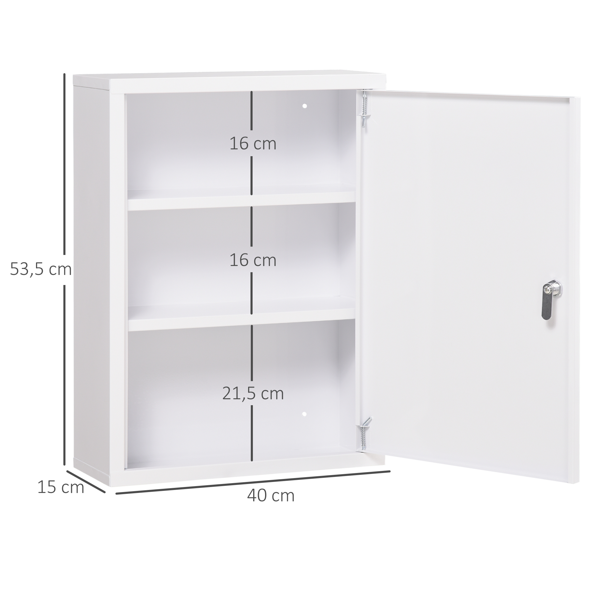 Weißer Medizinschrank mit Abmessungen. Offene Tür zeigt Regale. Maße: 40cm, 53,5cm und 15cm.