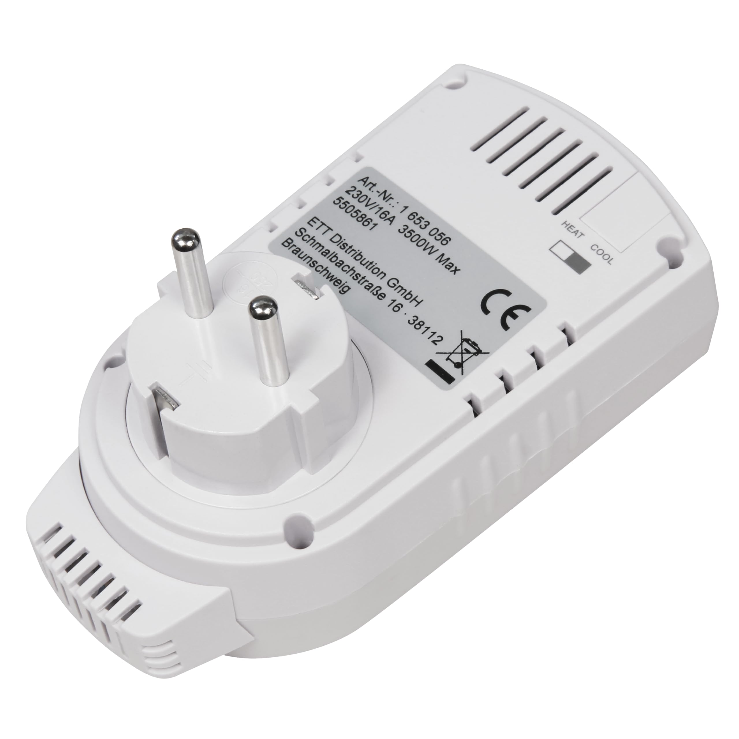 Weißer Netzadapter mit Stecker und Lüftungsschlitzen. Er hat ein Etikett mit Daten.