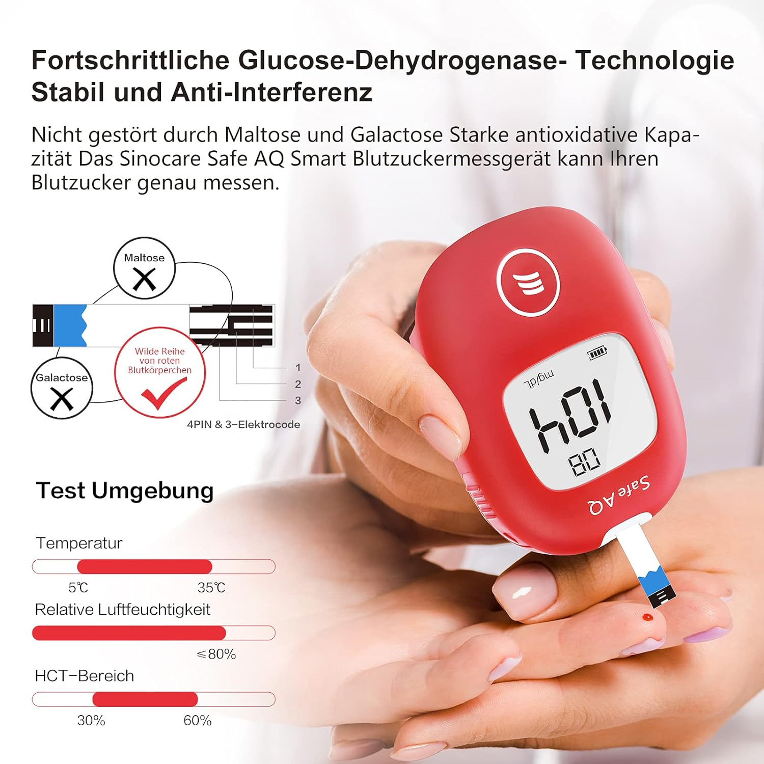 Nahaufnahme des Blutzuckermessgeräts und Teststreifens mit Text auf dem Bildschirm und Hand, die den Teststreifen hält.