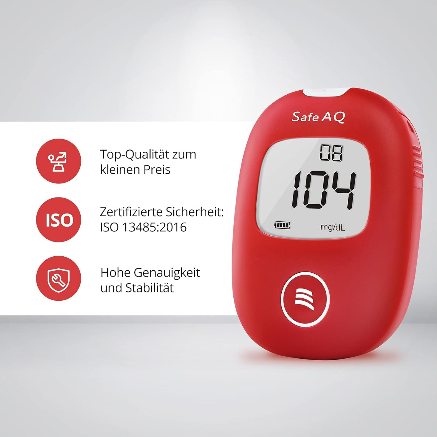 Rotes Blutzuckermessgerät mit Anzeige, die einen Wert von 104 mg/dL anzeigt, mit Text.