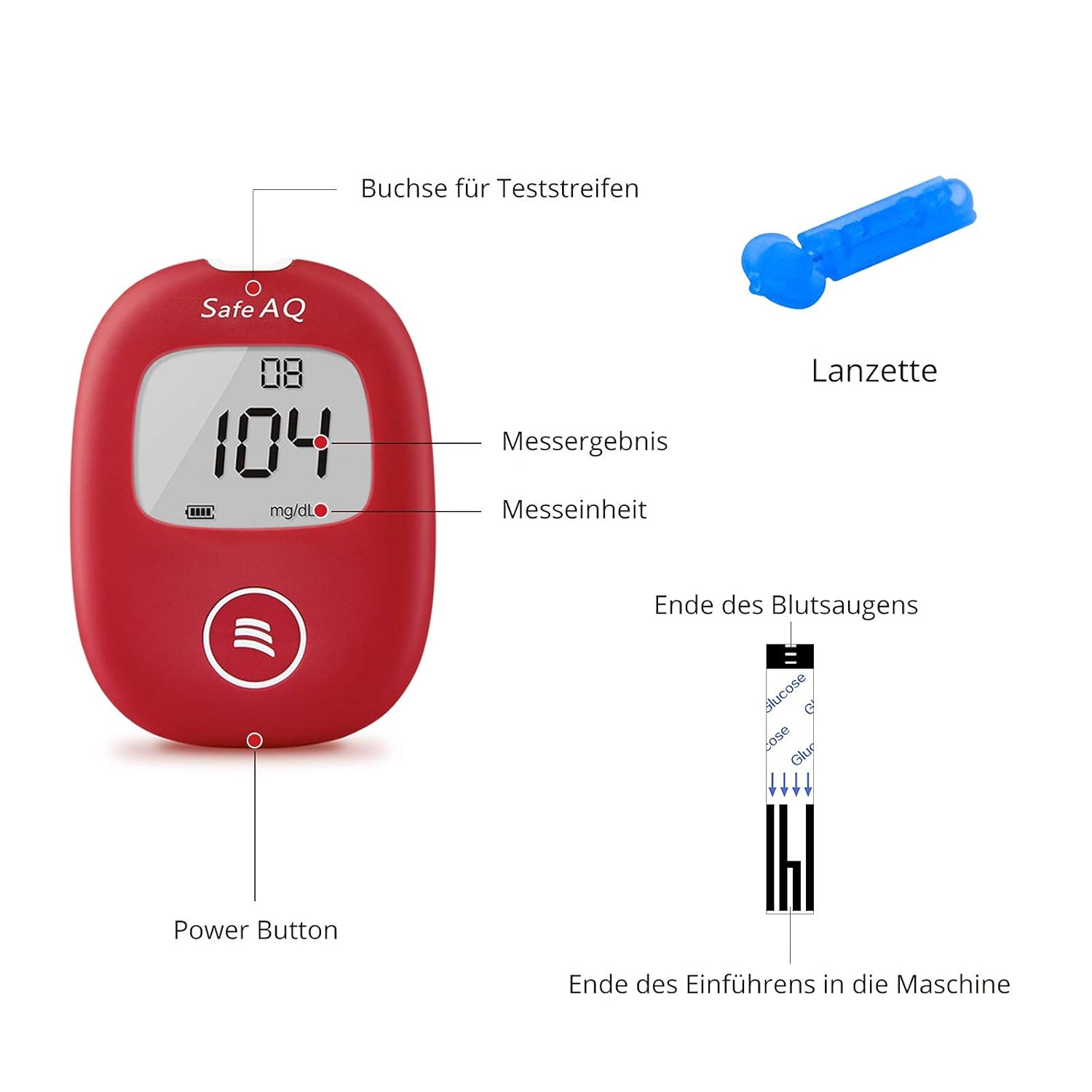 Nahaufnahme des Blutzuckermessgeräts. Zeigt Display, Ein/Aus-Taste und Teststreifenanschluss. Auch Lanzette und Teststreifen.