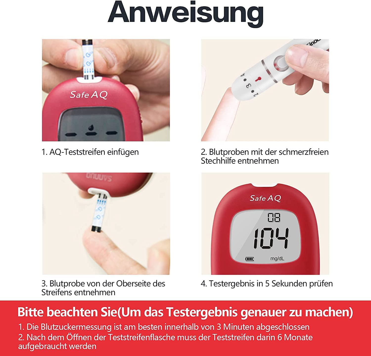 Anleitung zum Diabetes-Test mit Schritten. Streifen einlegen, Finger stechen, Blut auftragen und Ergebnis prüfen.