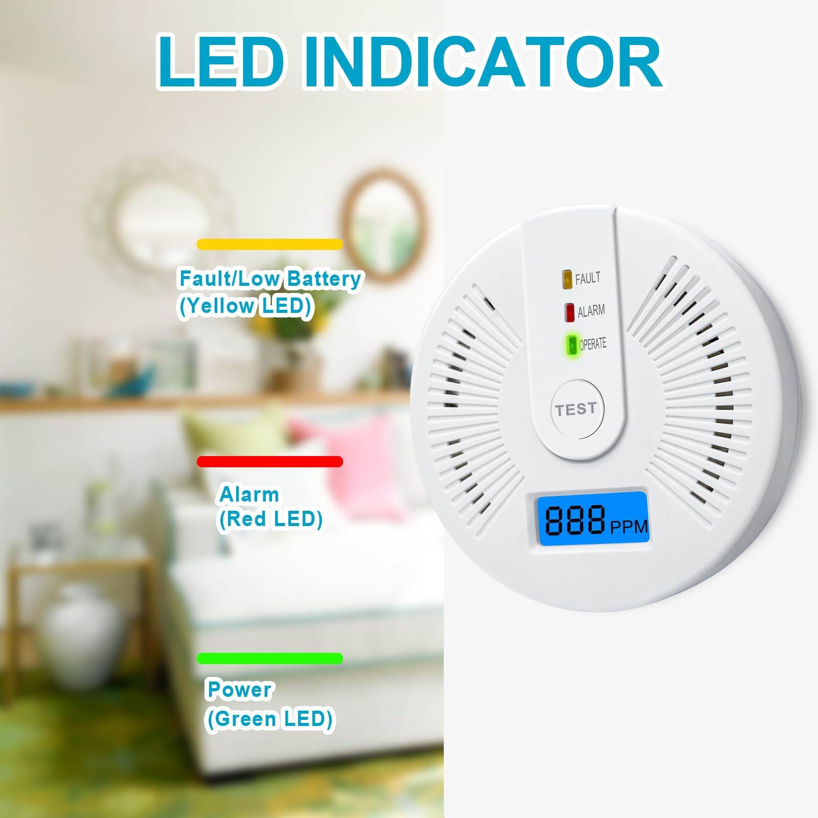 Weißer Rauchmelder mit LED-Anzeigen: Fehler, Alarm und Strom. Hintergrund: Wohnzimmer mit Möbeln.